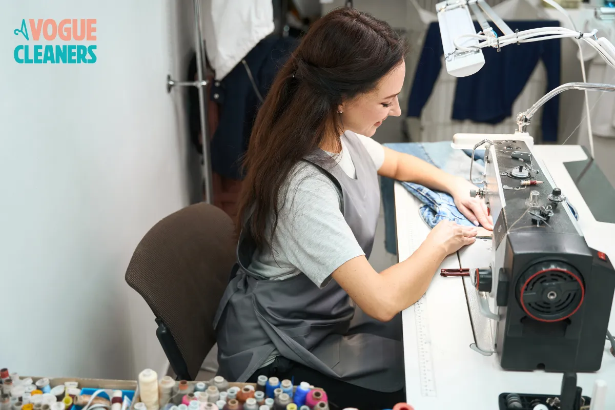 Tailor hemming pants during a clothing alteration