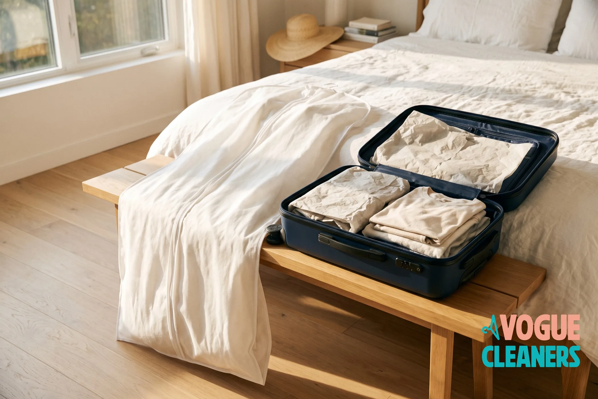 Wedding gown in a breathable garment bag ready for travel