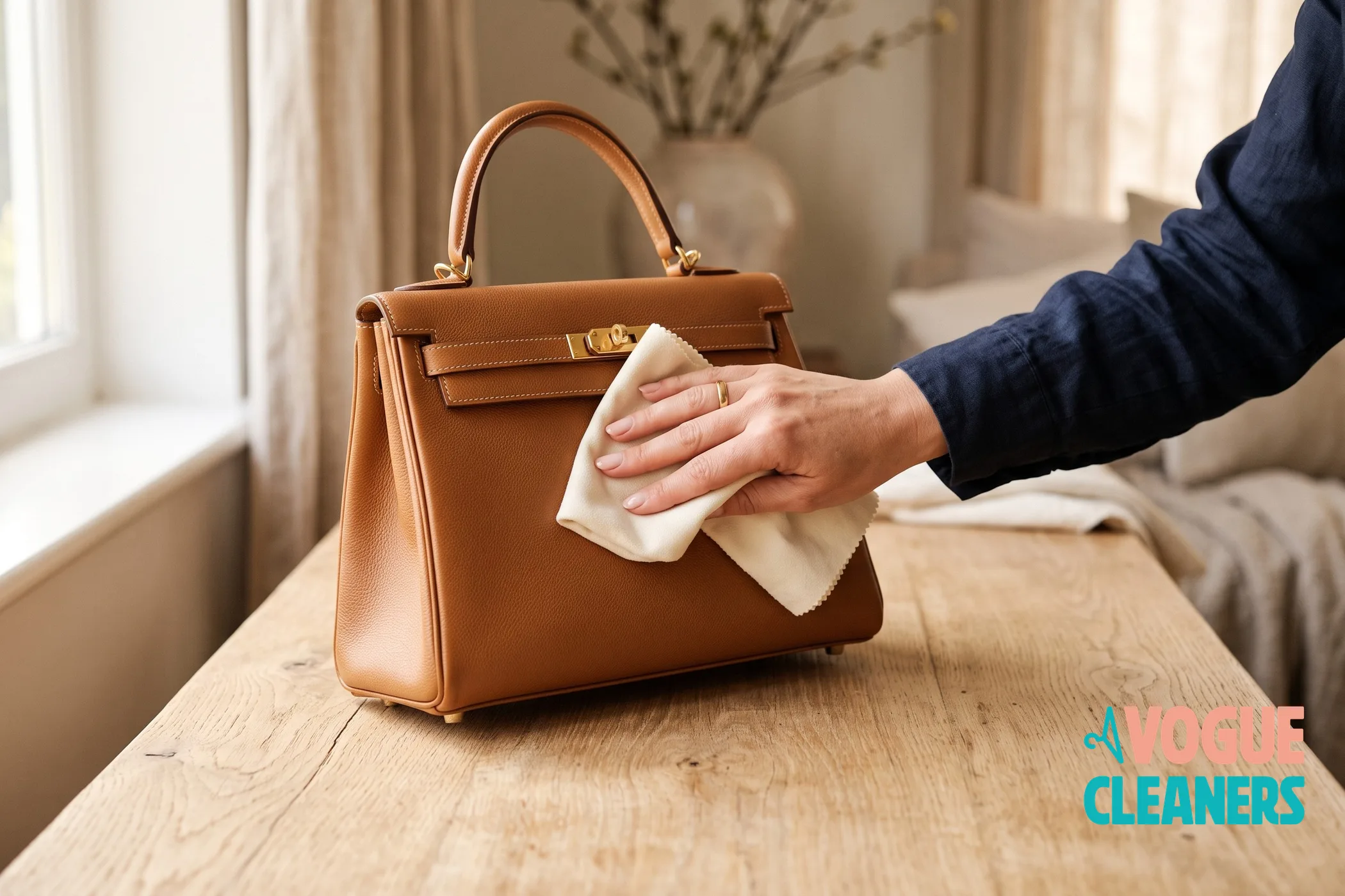 Leather handbag being wiped with a soft cloth