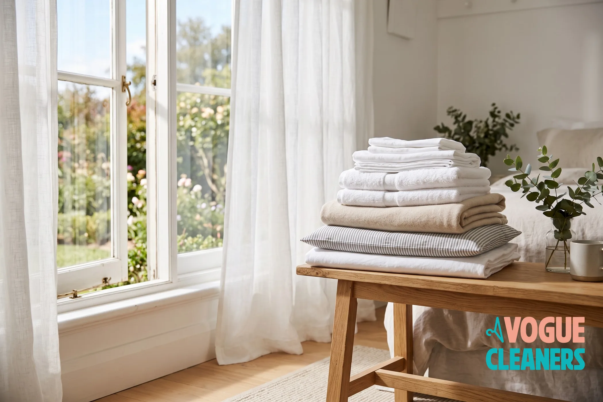 Fresh, clean folded bedding and clothes by a bright open window