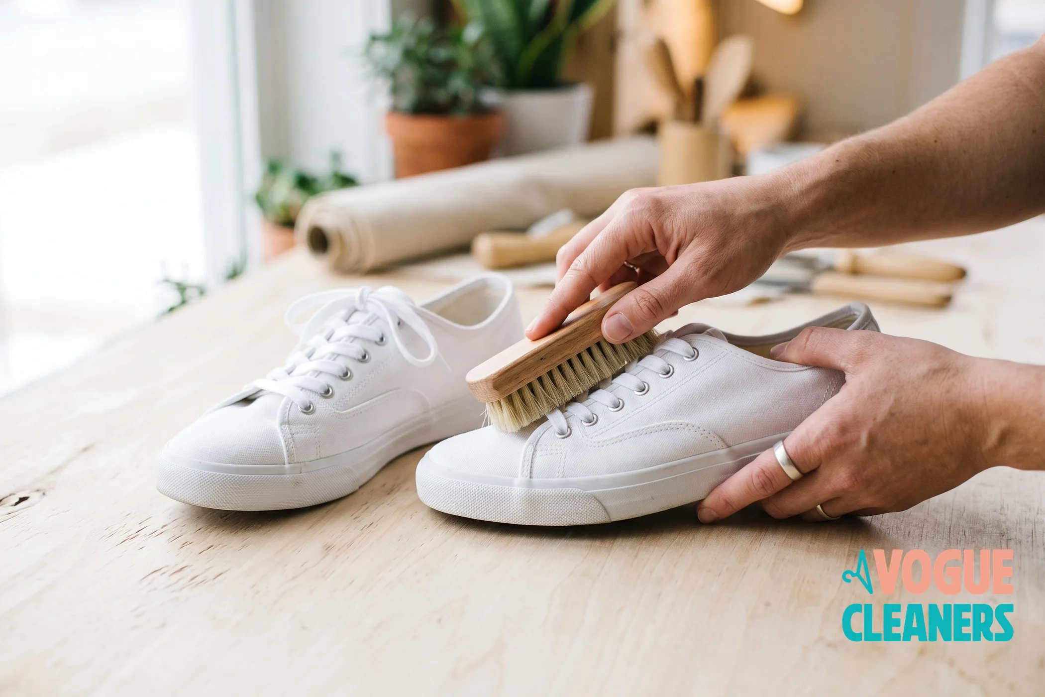 Clean white sneakers being brushed by hand