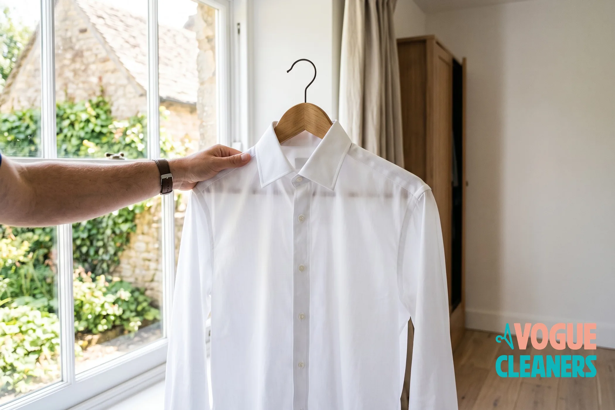 Crisp white dress shirts freshly pressed on hangers