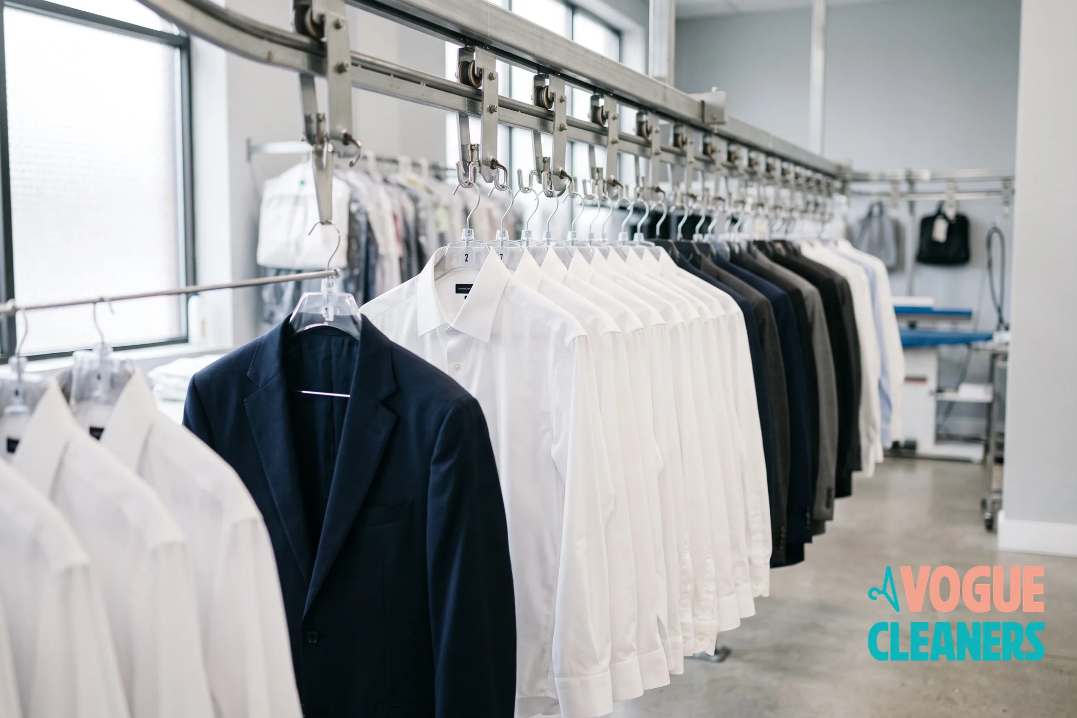 Freshly pressed dress shirts and suits on a dry cleaner's rail