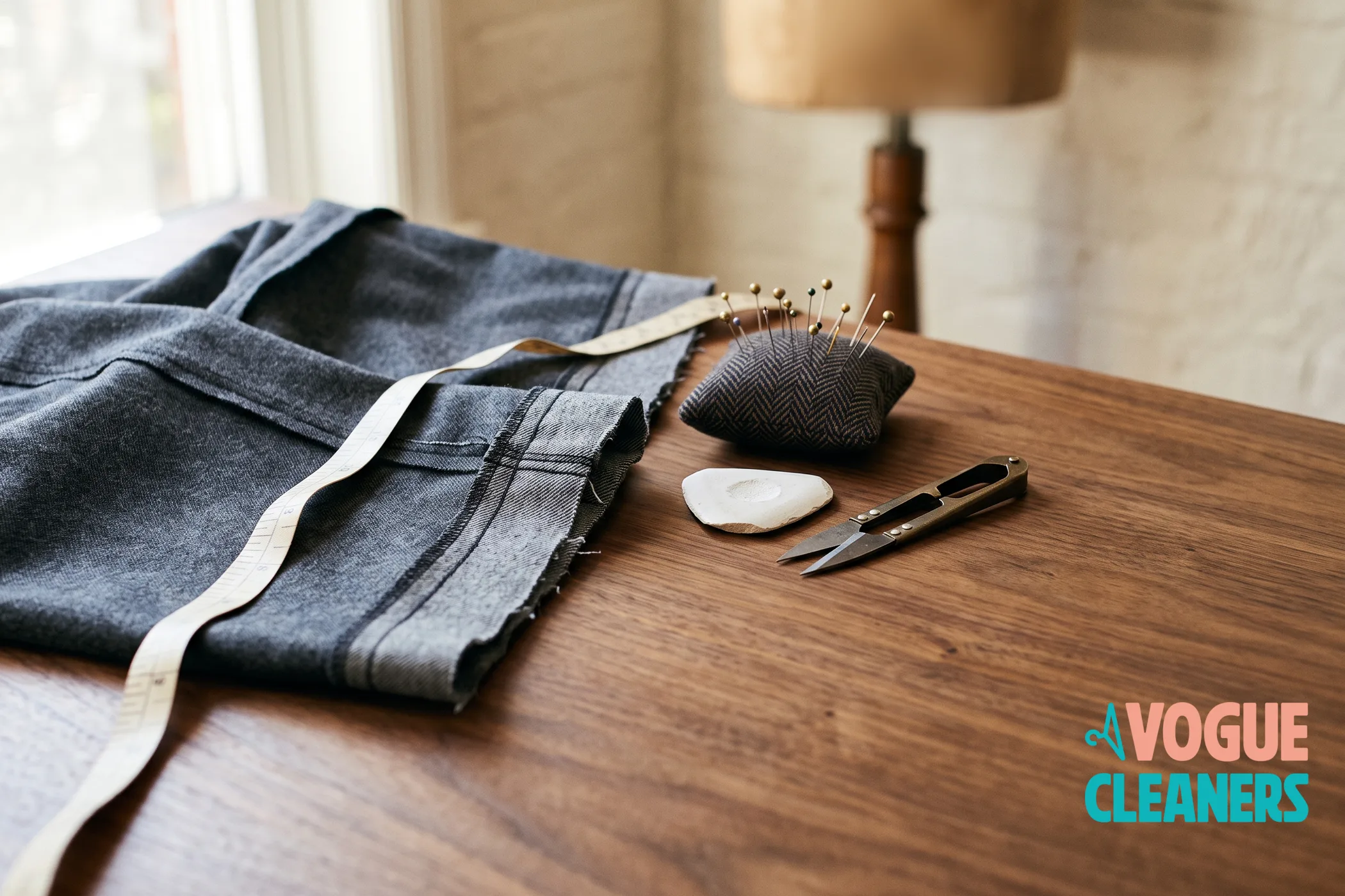 Charcoal wool trousers on a walnut tailor's table with a tape measure, pincushion, chalk and thread snips