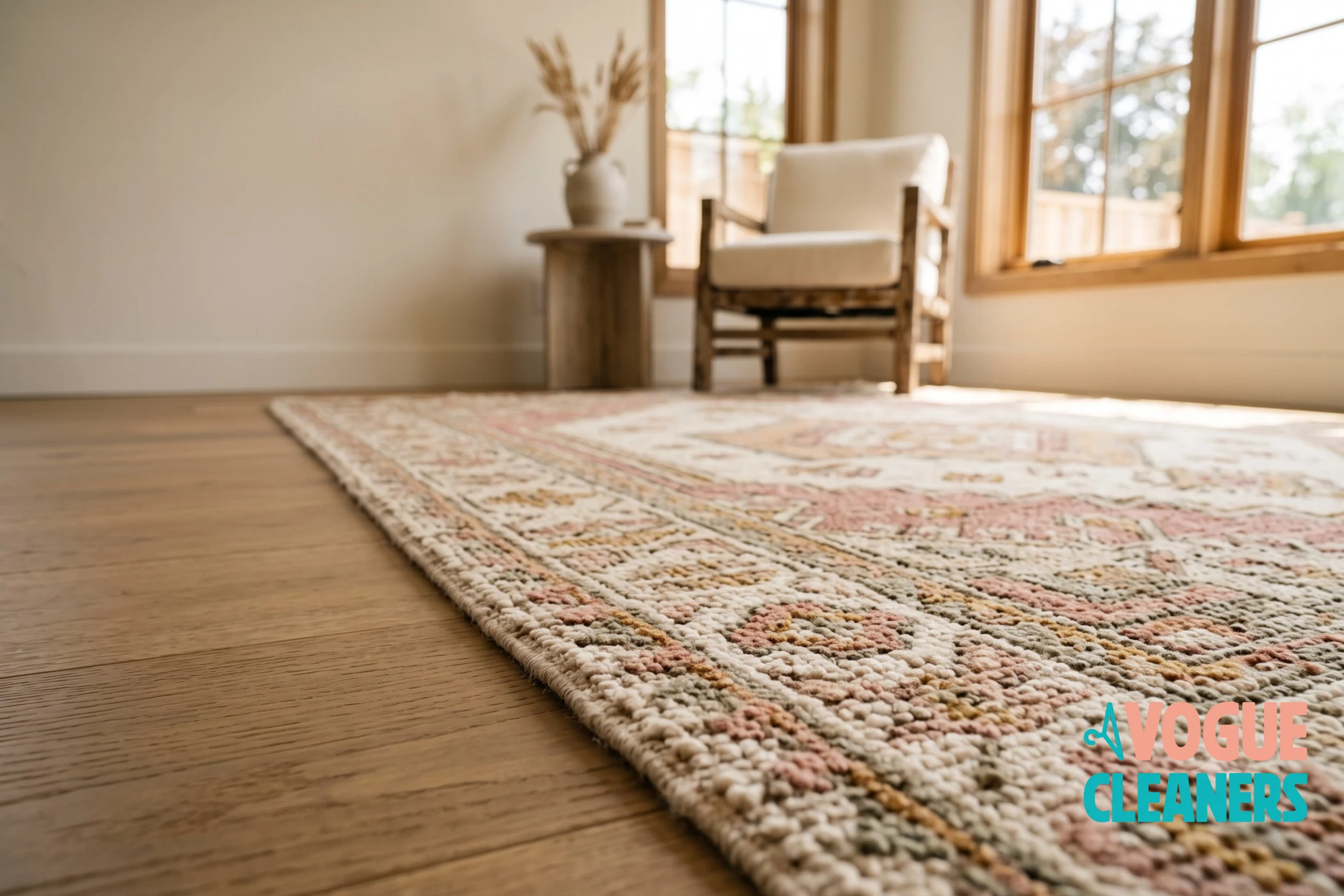 A patterned wool area rug in a sunlit living room