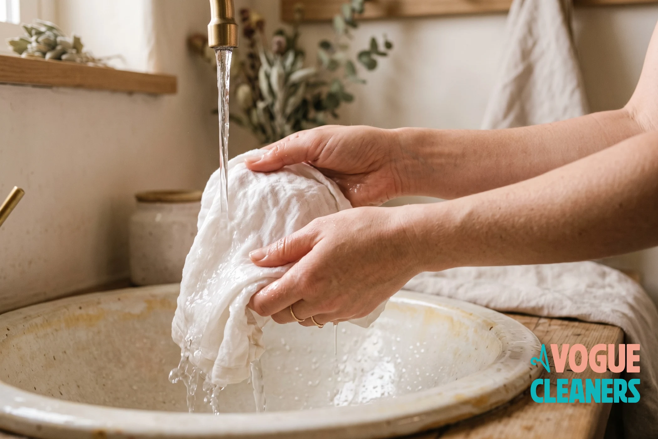 Cold water running over a small stain on white cotton fabric in a sink