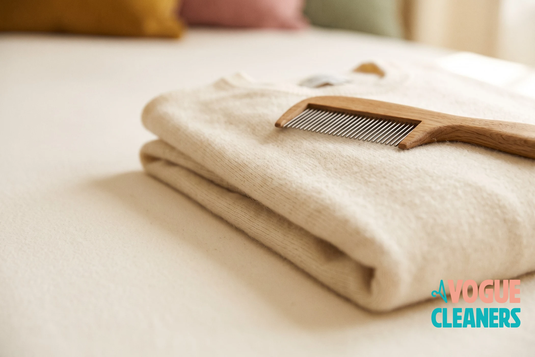 A folded cashmere sweater with a sweater comb resting on top
