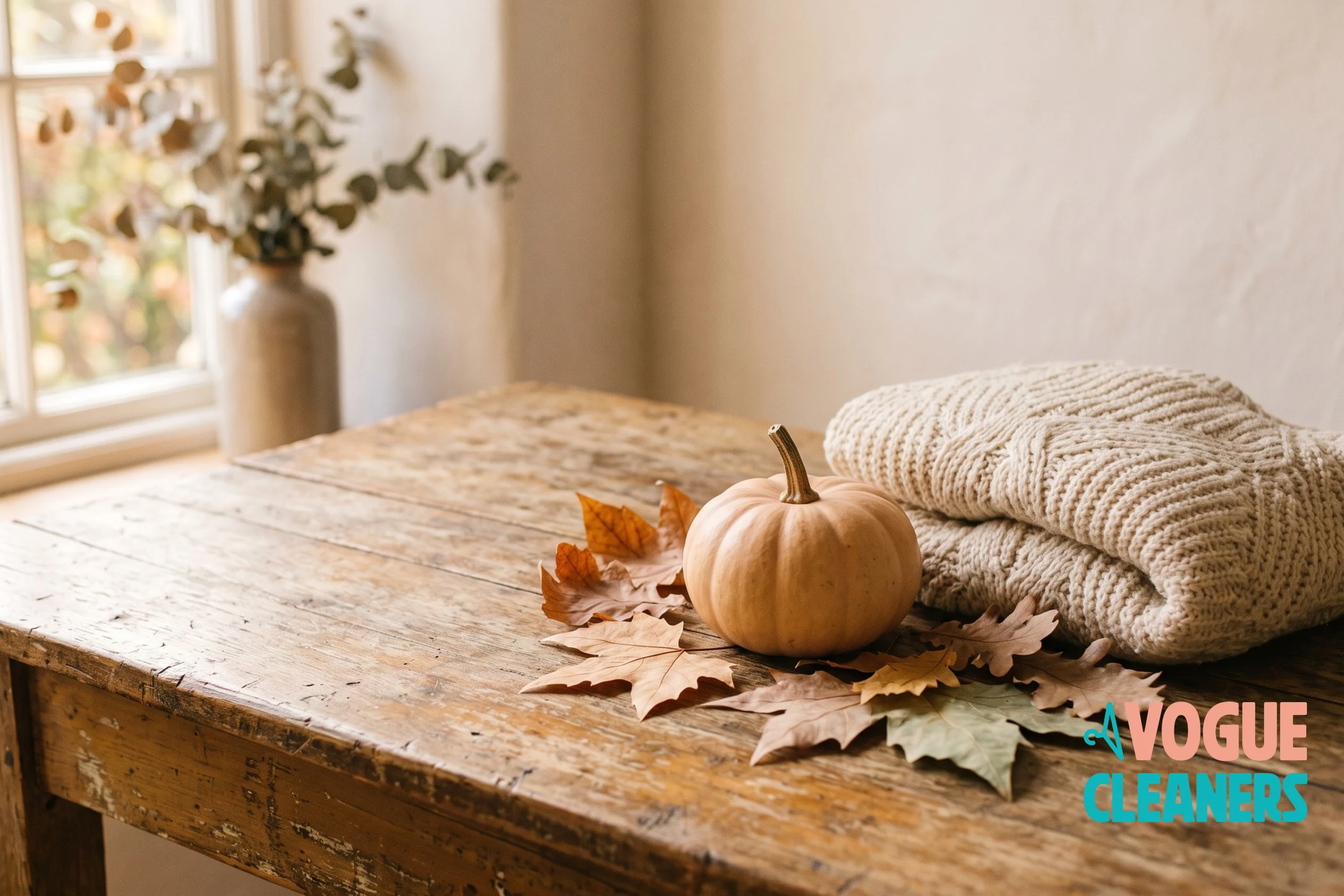 Autumn leaves and a pumpkin beside a folded sweater on a wooden table
