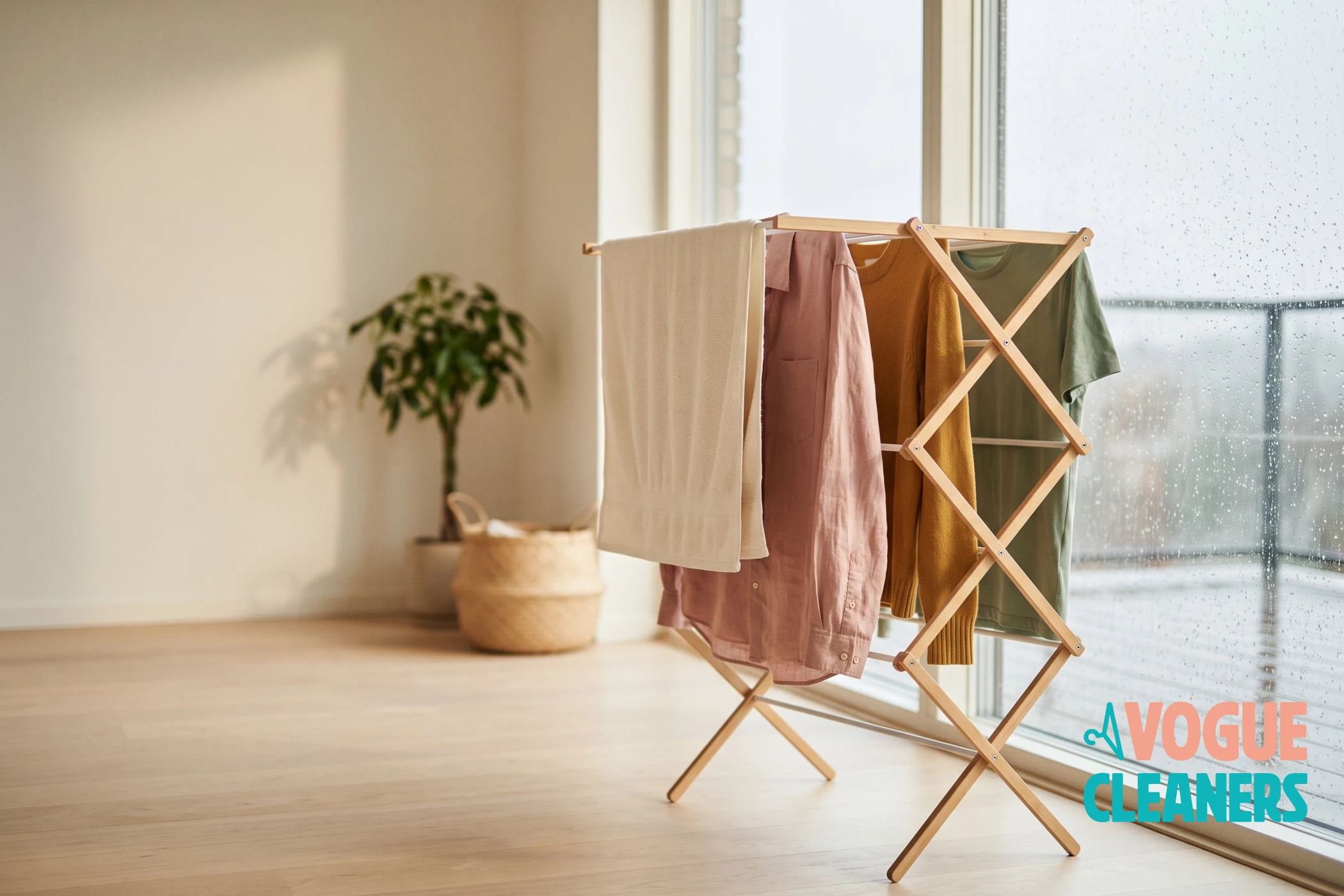 Laundry hung on an indoor drying rack beside a rain-streaked window