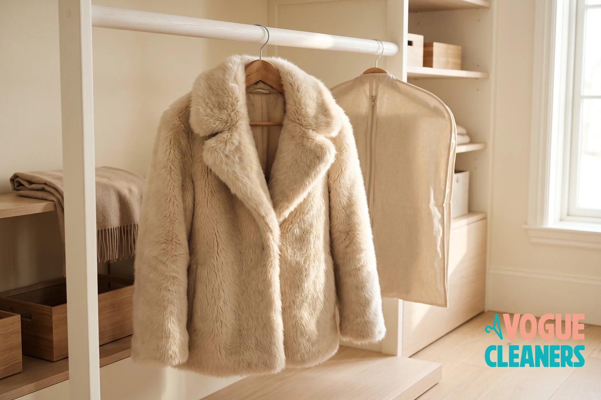 A cream faux fur coat on a wooden hanger in a bright closet beside a breathable garment bag