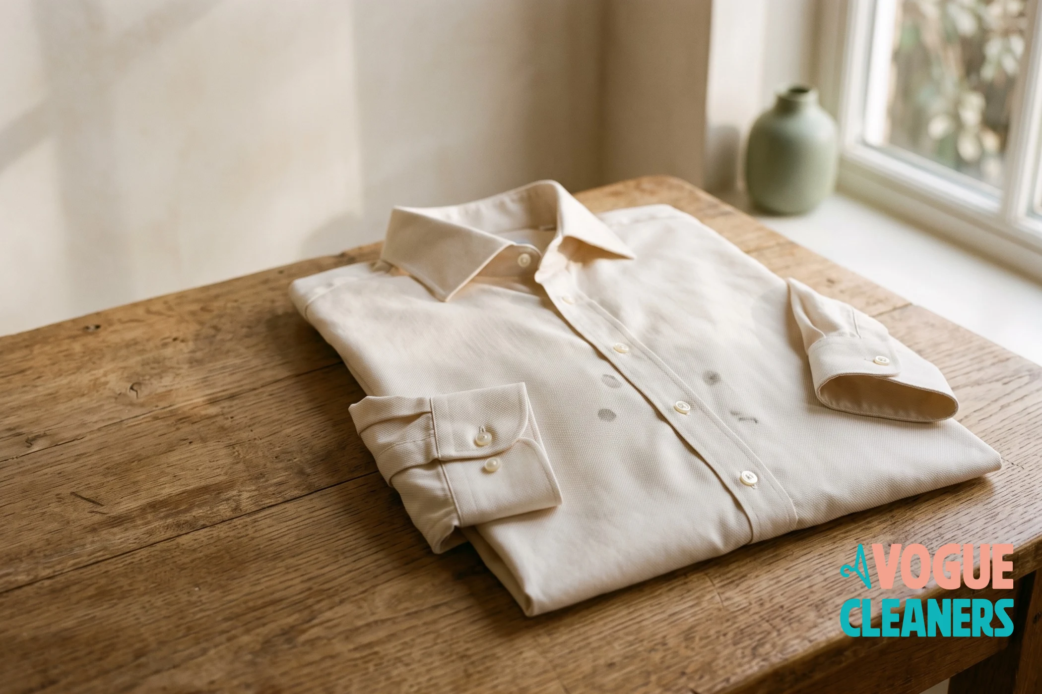 Small dark oil spots on the front of a light cotton shirt