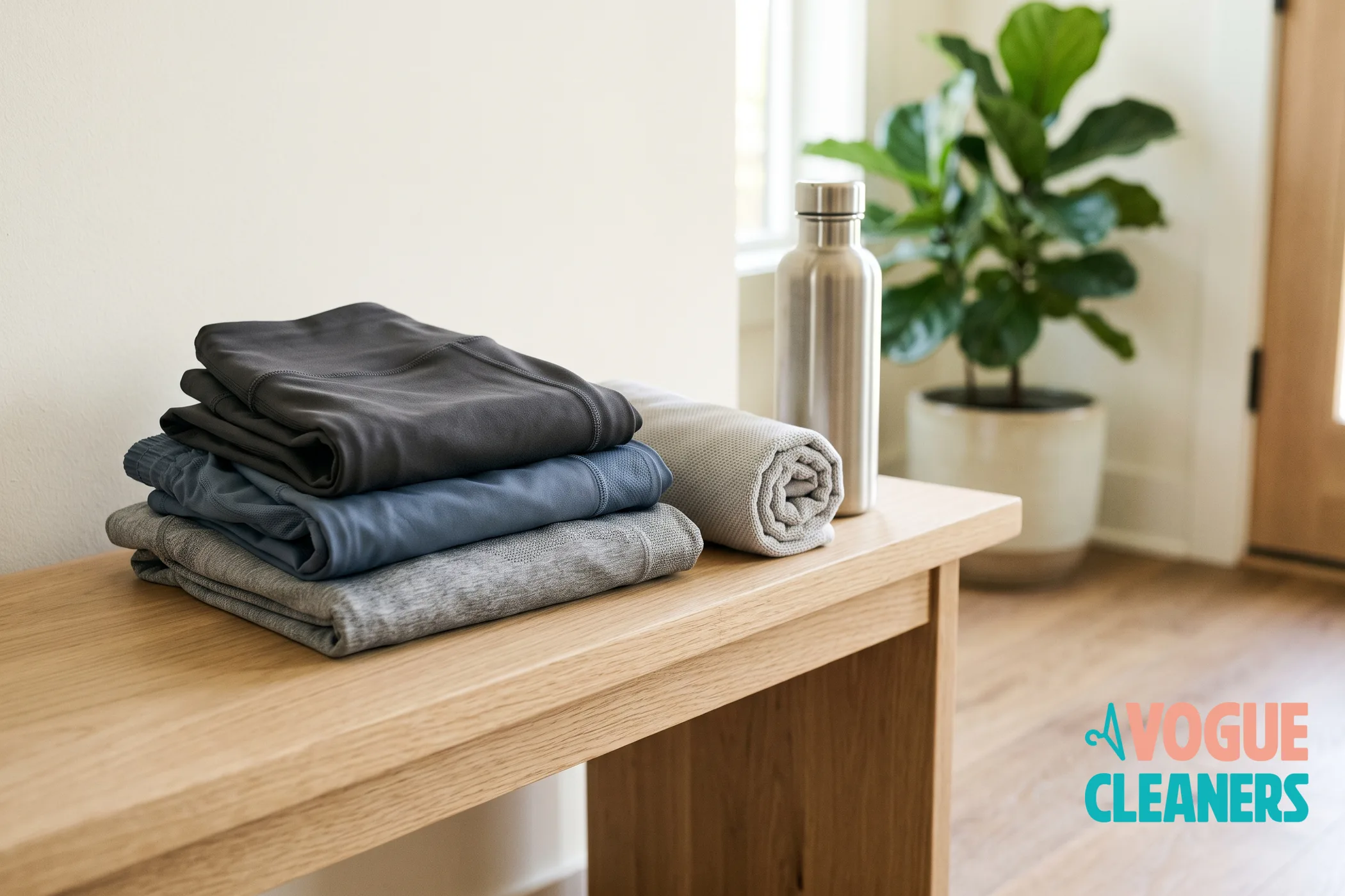 Folded athletic wear, a rolled towel and a steel water bottle on a pale wood bench