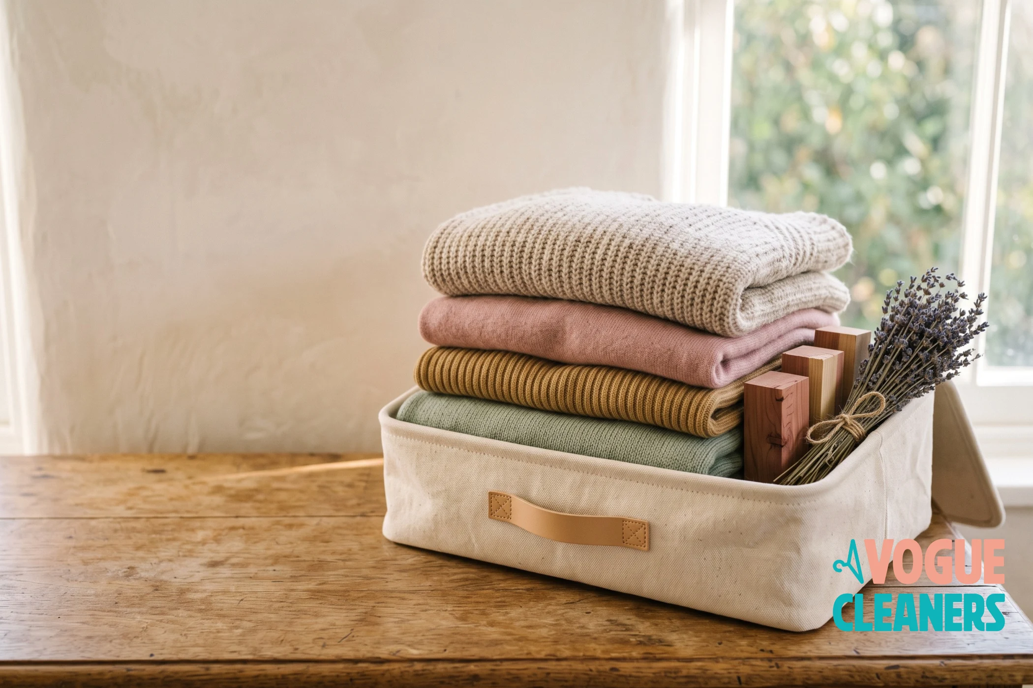 Folded wool sweaters stacked in a breathable cotton storage bin with cedar blocks