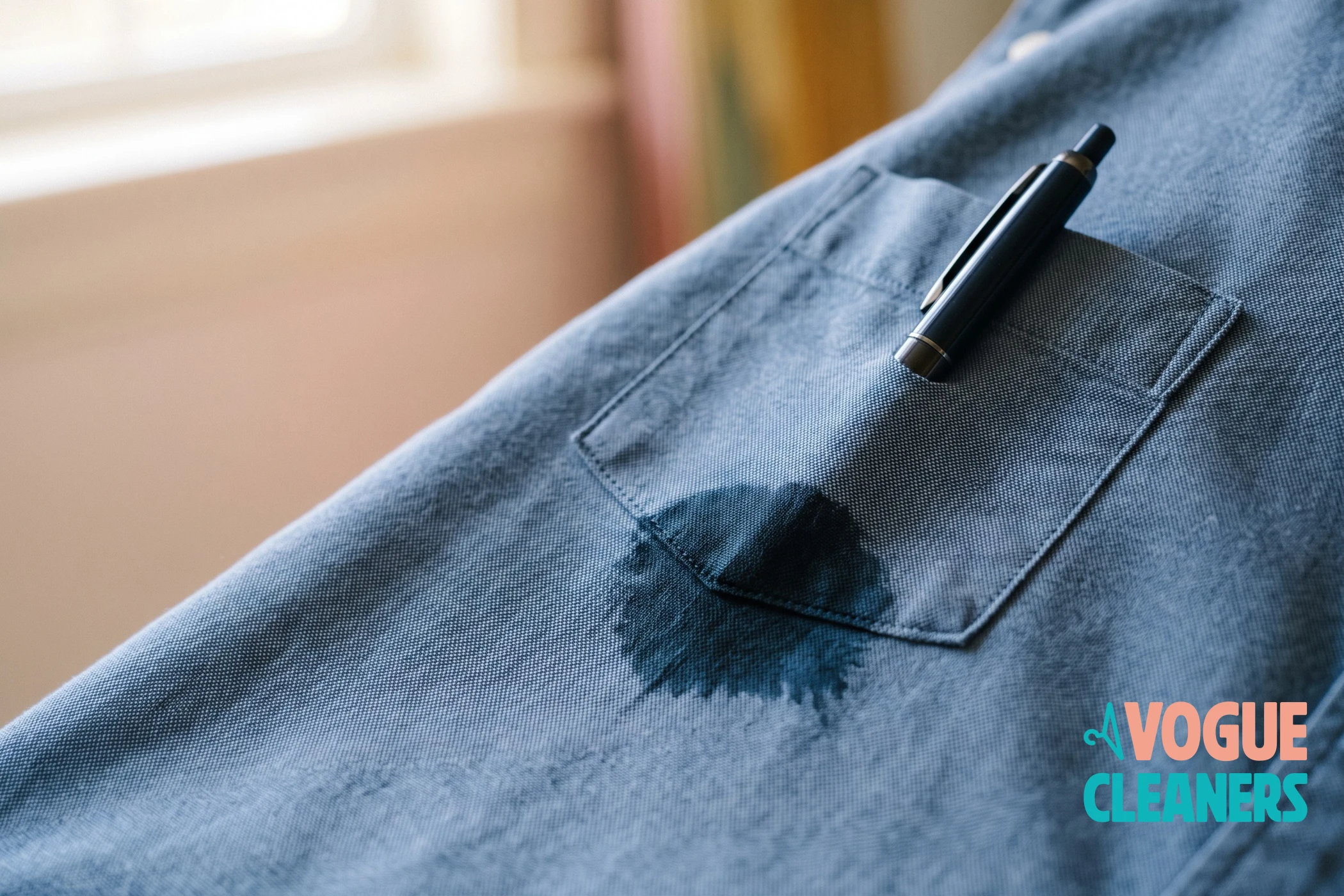 A leaking ballpoint pen resting on the pocket of a blue dress shirt