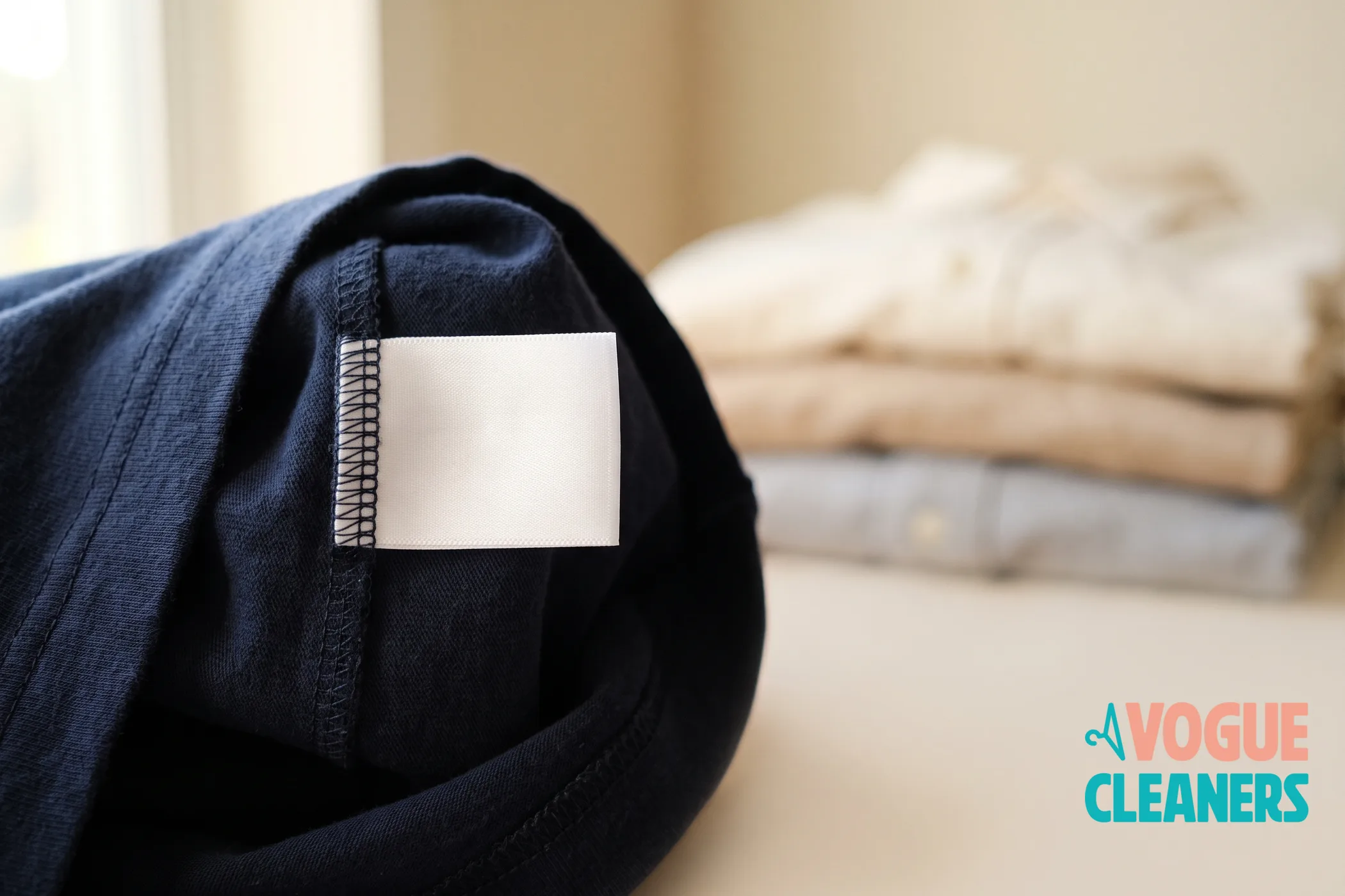 A blank white care label sewn into the collar seam of a navy shirt, with folded shirts behind