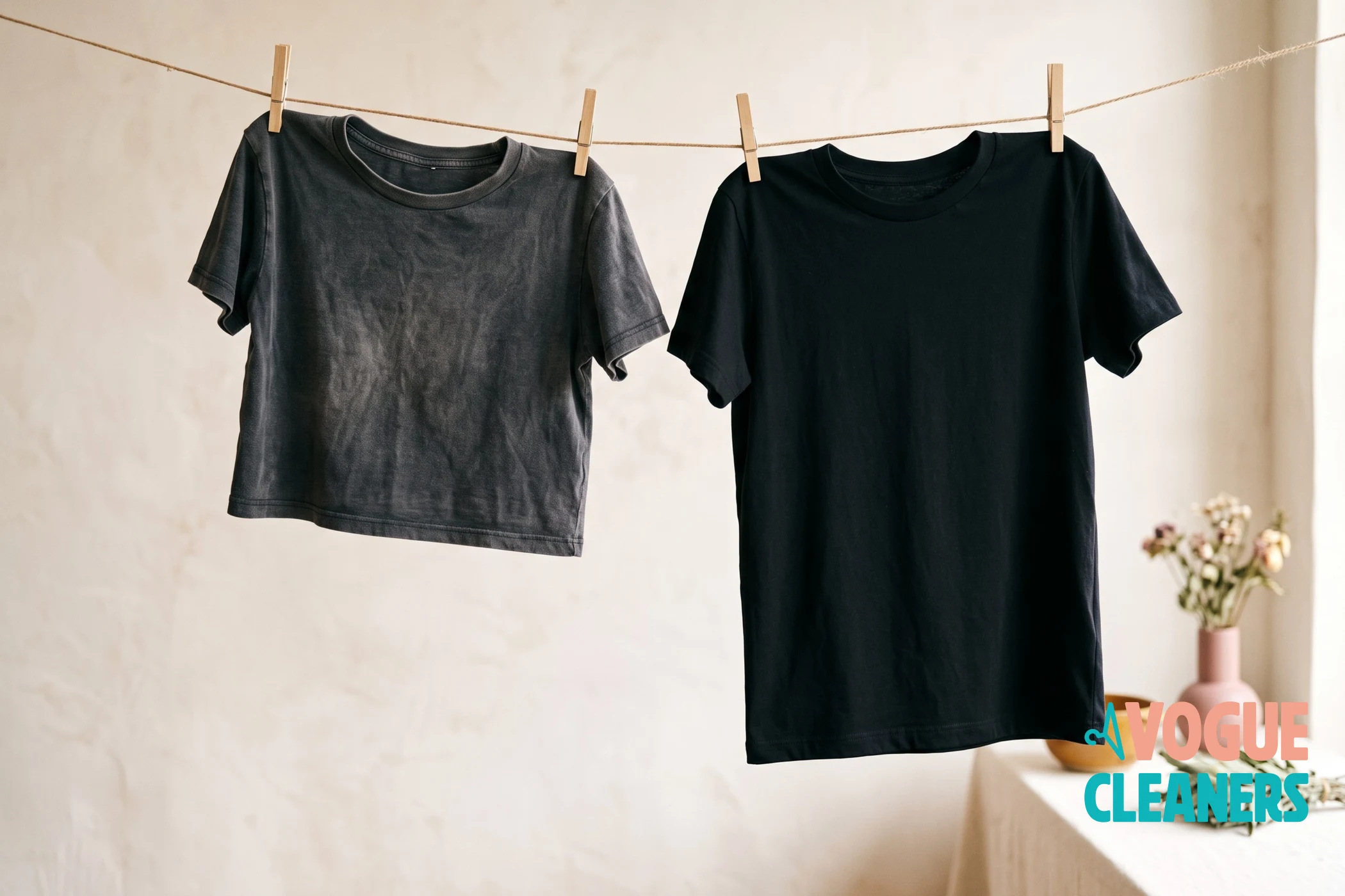 A faded black t-shirt next to a rich black one on a clothesline