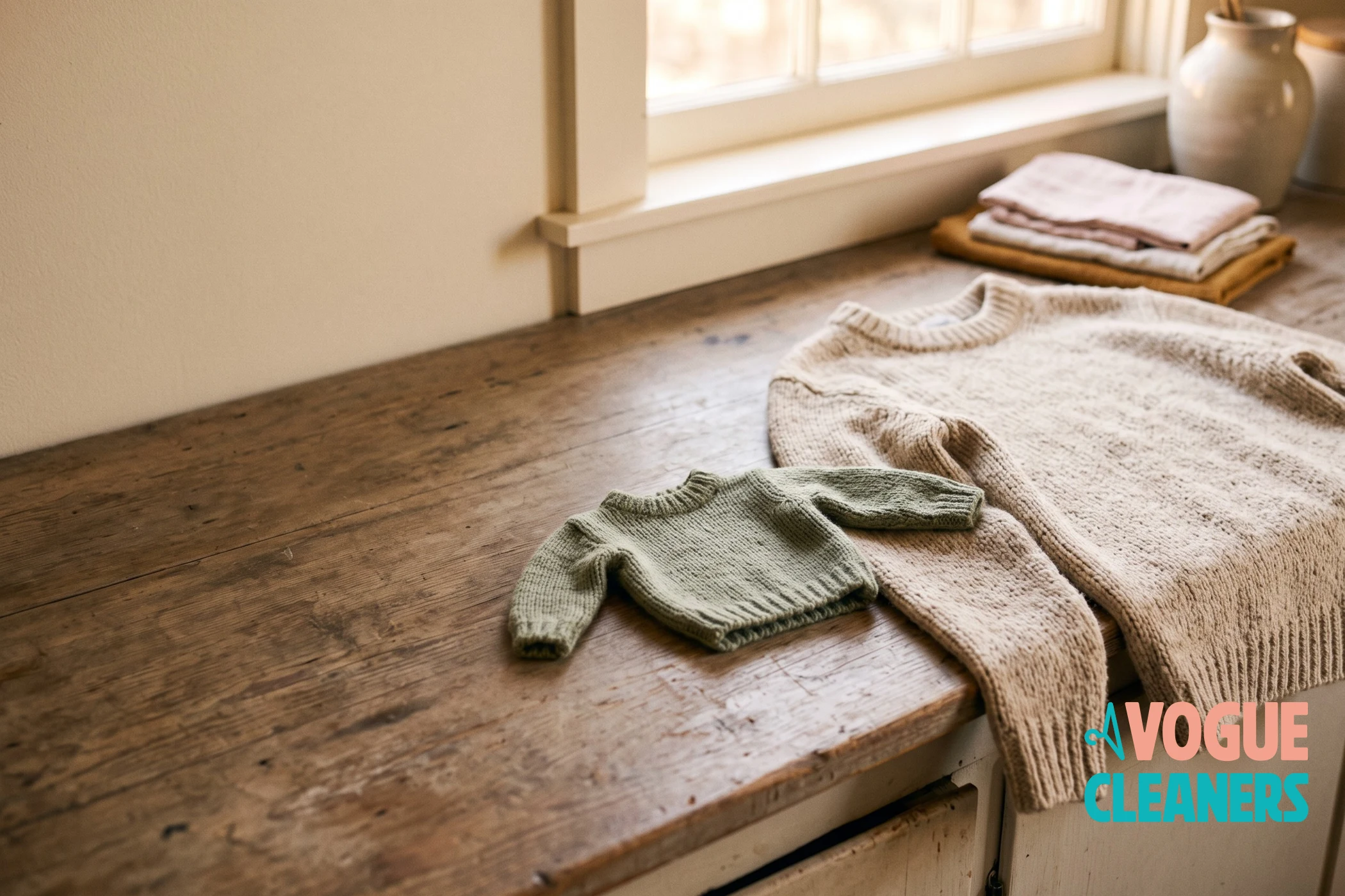 A shrunken wool sweater laid next to a full-size one on a laundry table