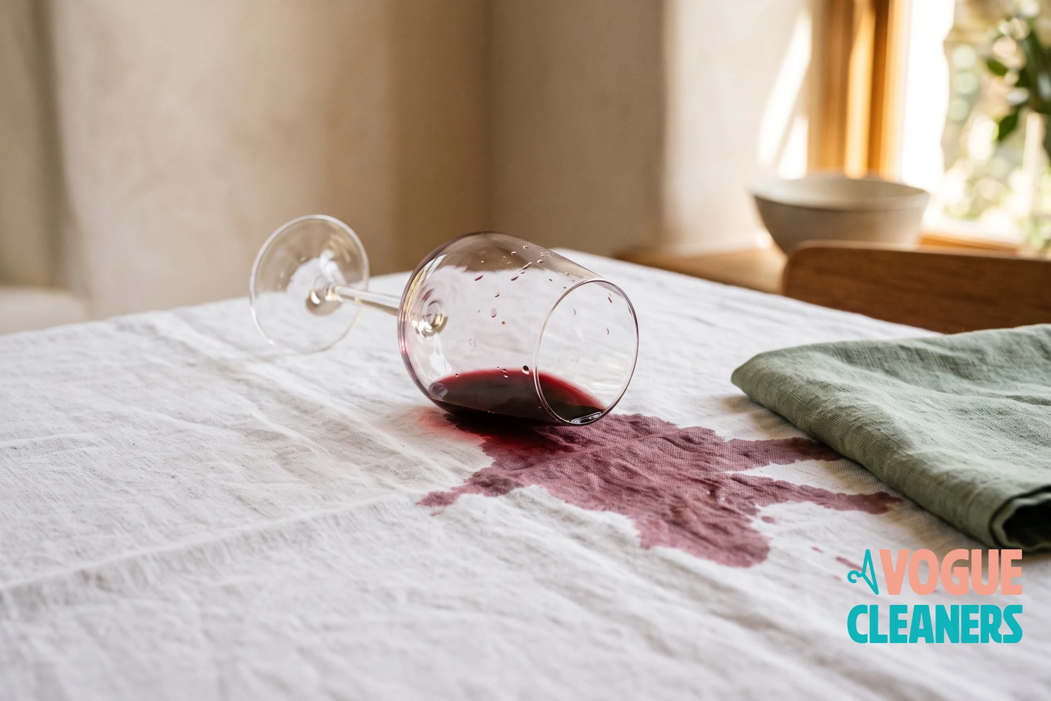 A glass of red wine tipped over on a white tablecloth