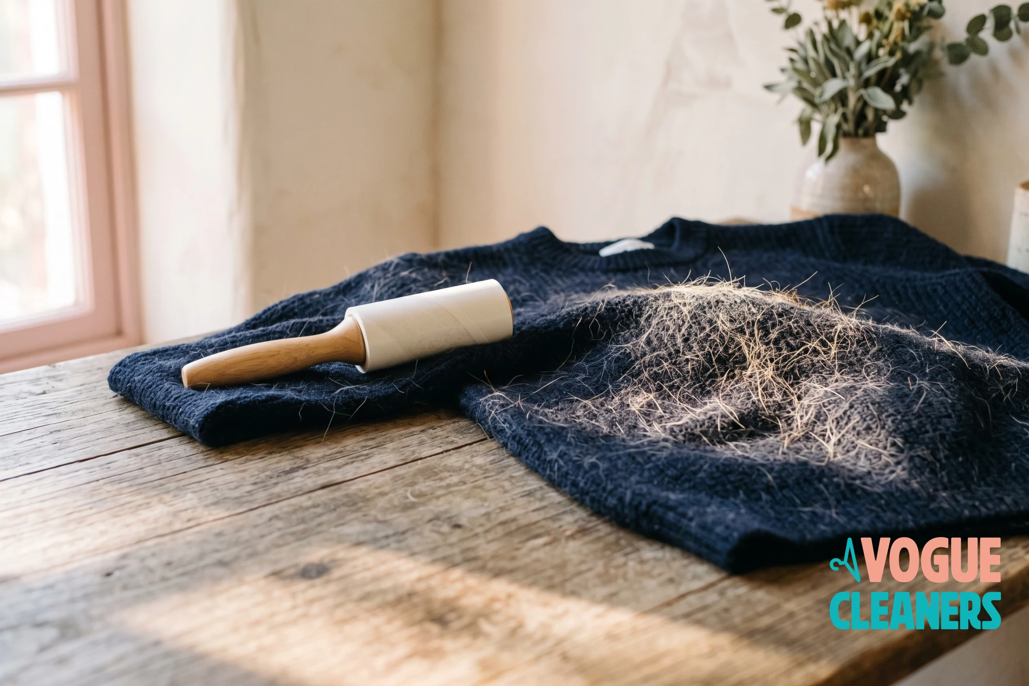 A dark sweater covered in pet hair with a lint roller beside it