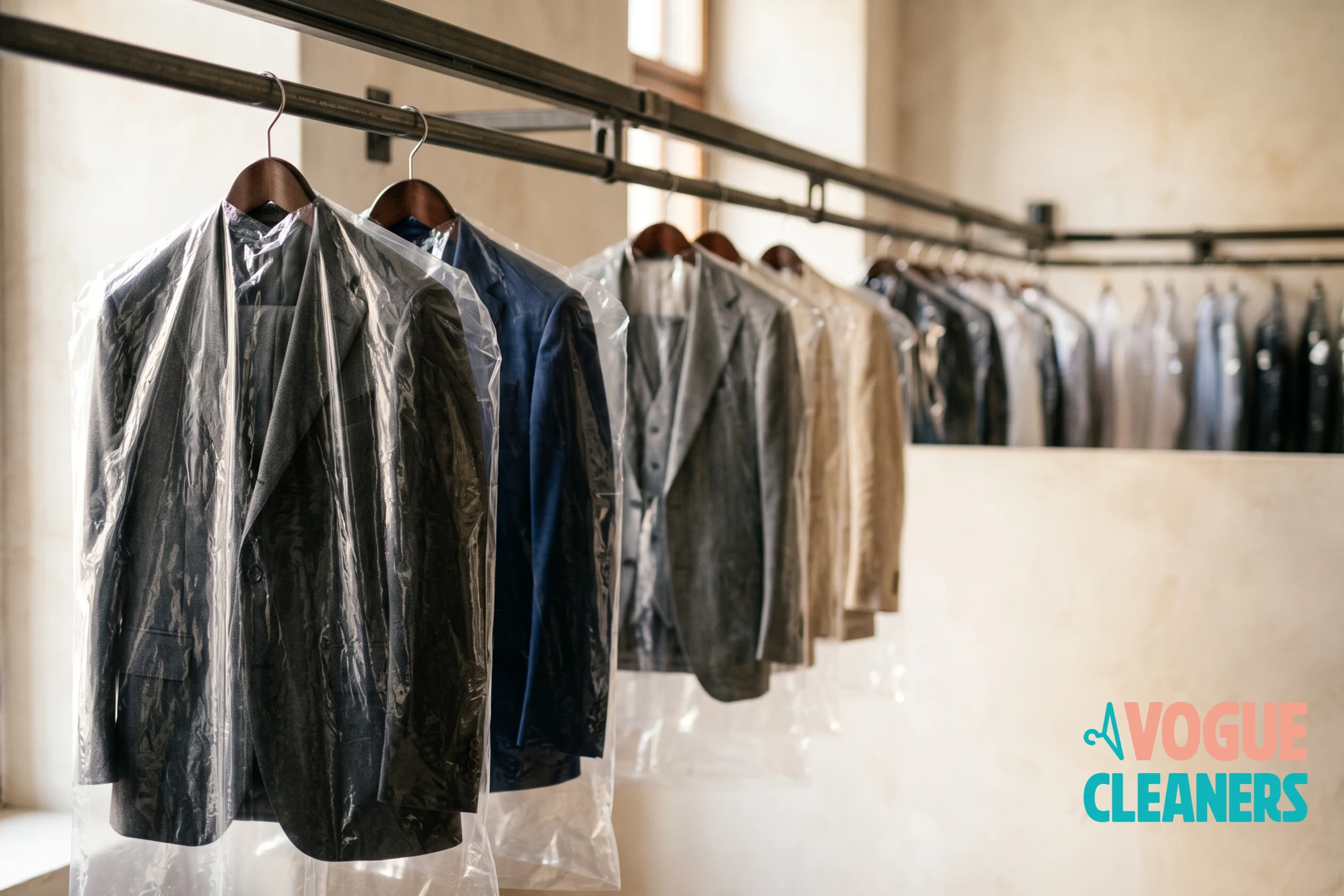 Freshly pressed suits in garment bags on a dry cleaning conveyor