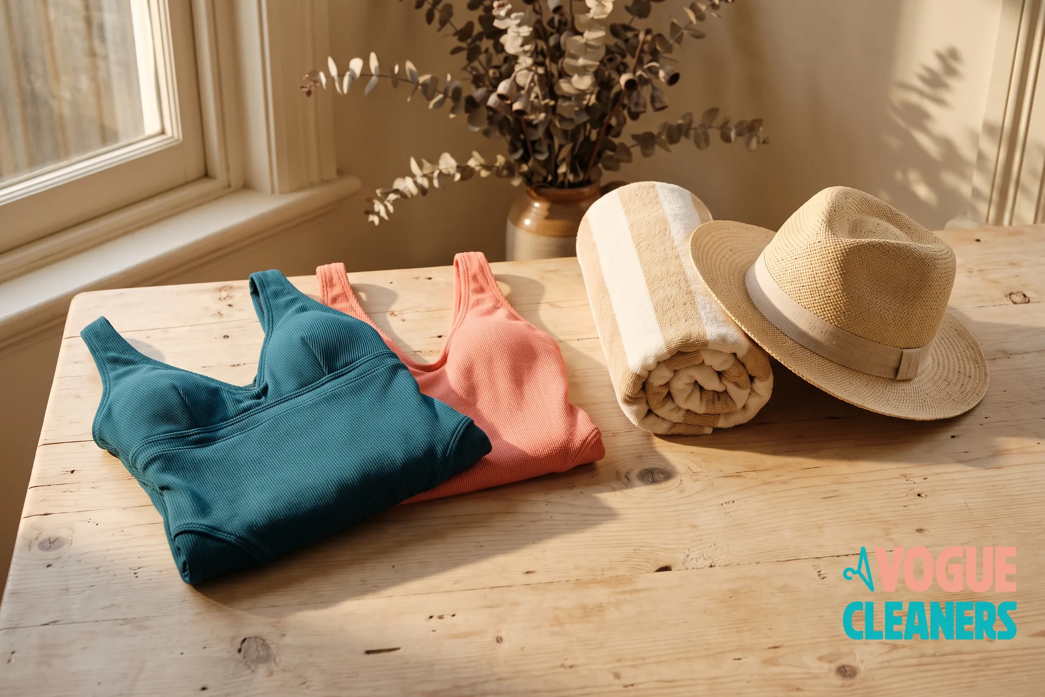 A teal and a coral swimsuit folded on a wood table beside a rolled beach towel and a straw hat