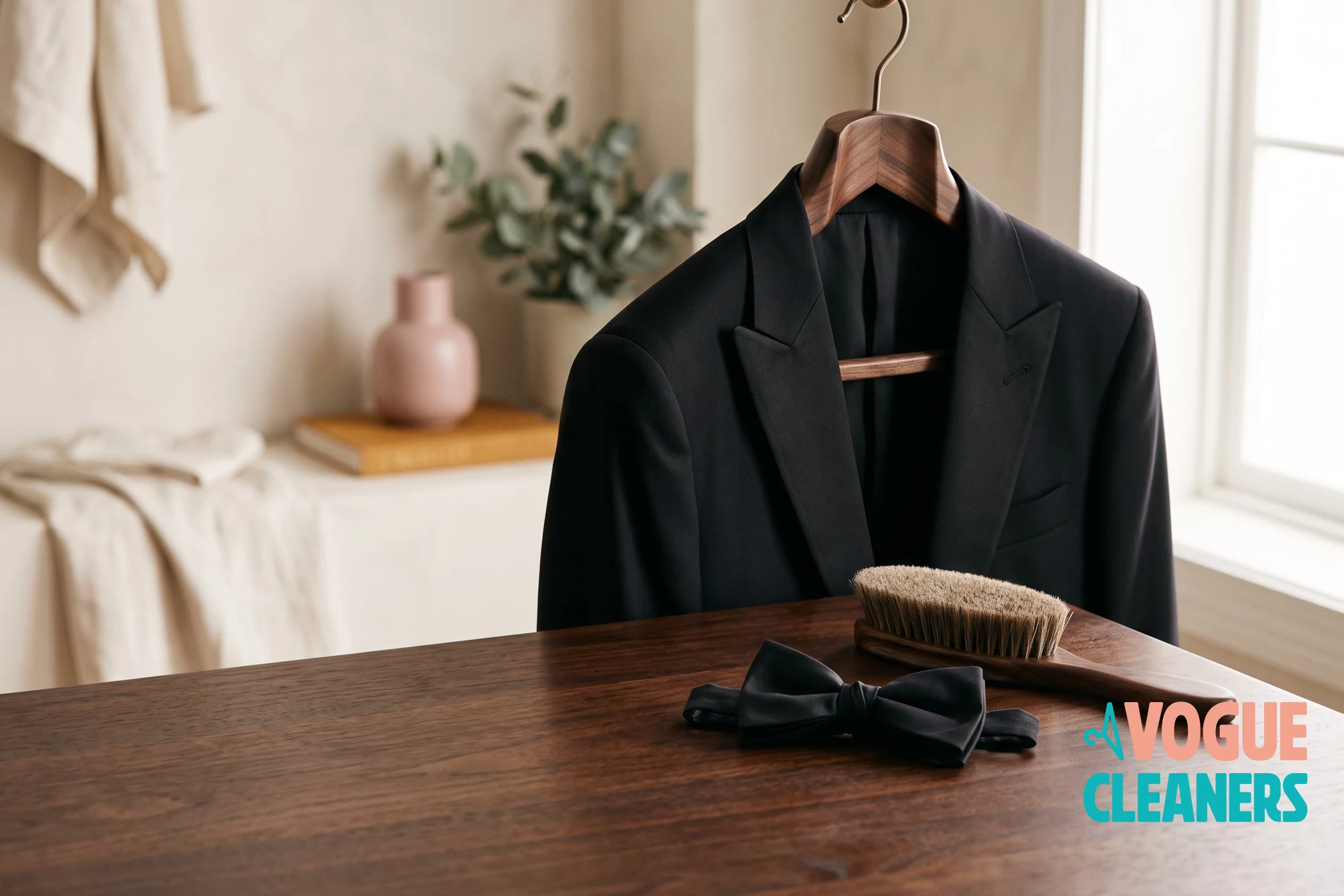 A black tuxedo jacket on a wide wooden hanger with a bow tie beside it