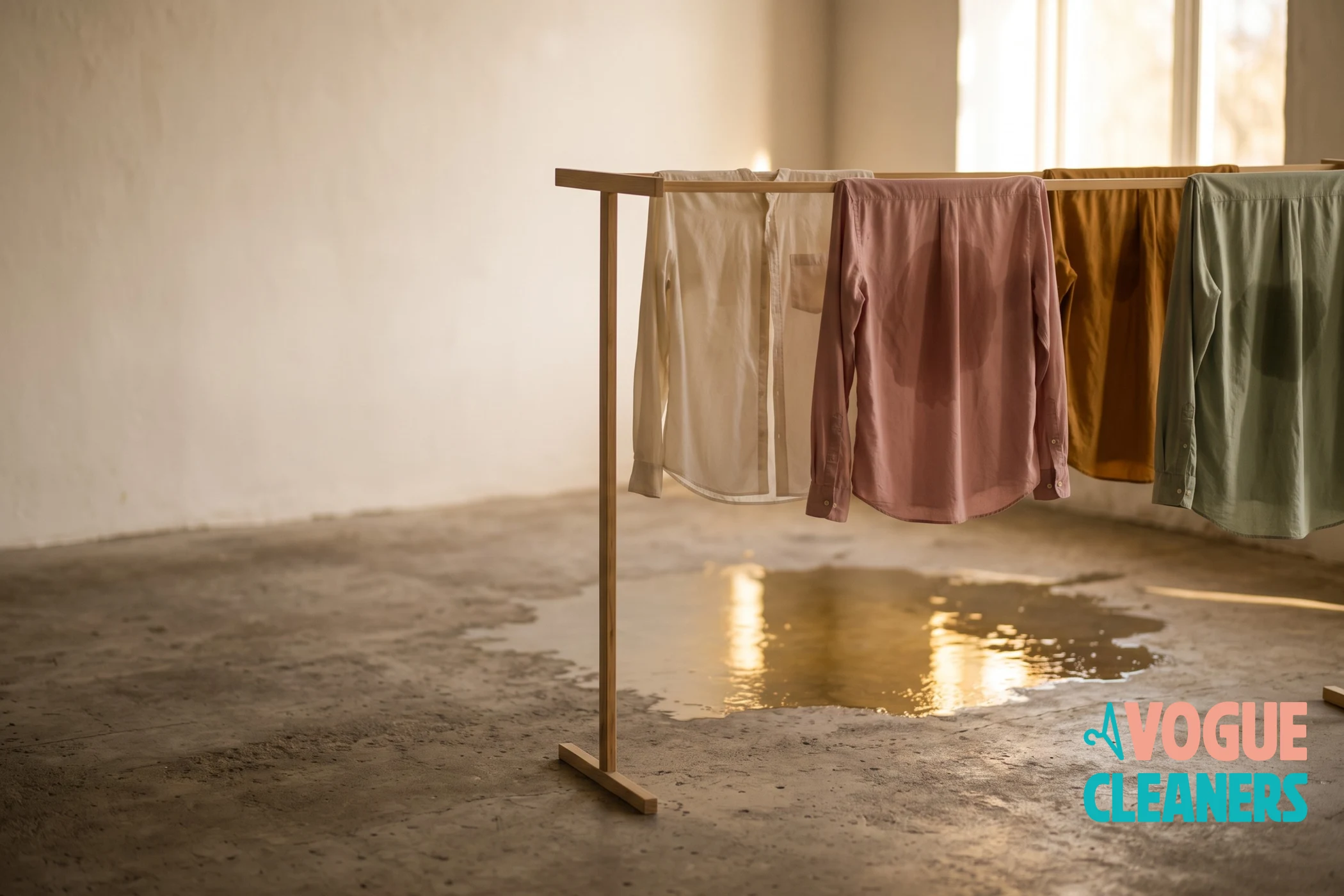 Damp clothing hung to dry on a rack in a room after a water leak