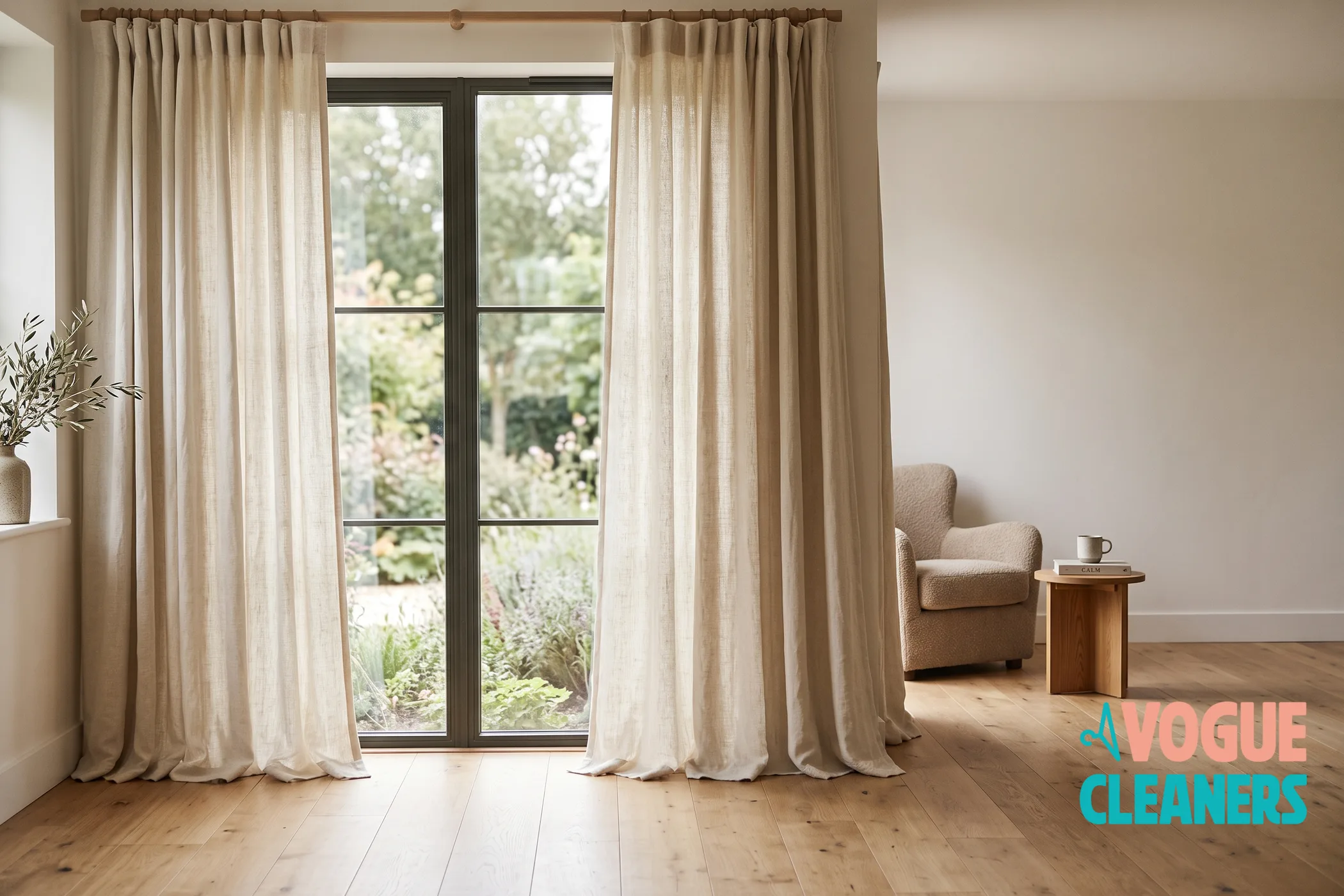 Floor length cream linen curtains framing a garden window in a bright living room