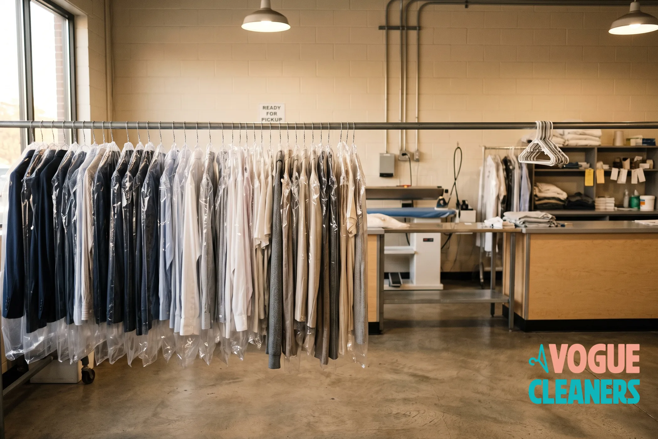 Freshly pressed garments in clear covers on a rail in a tidy dry cleaning workroom