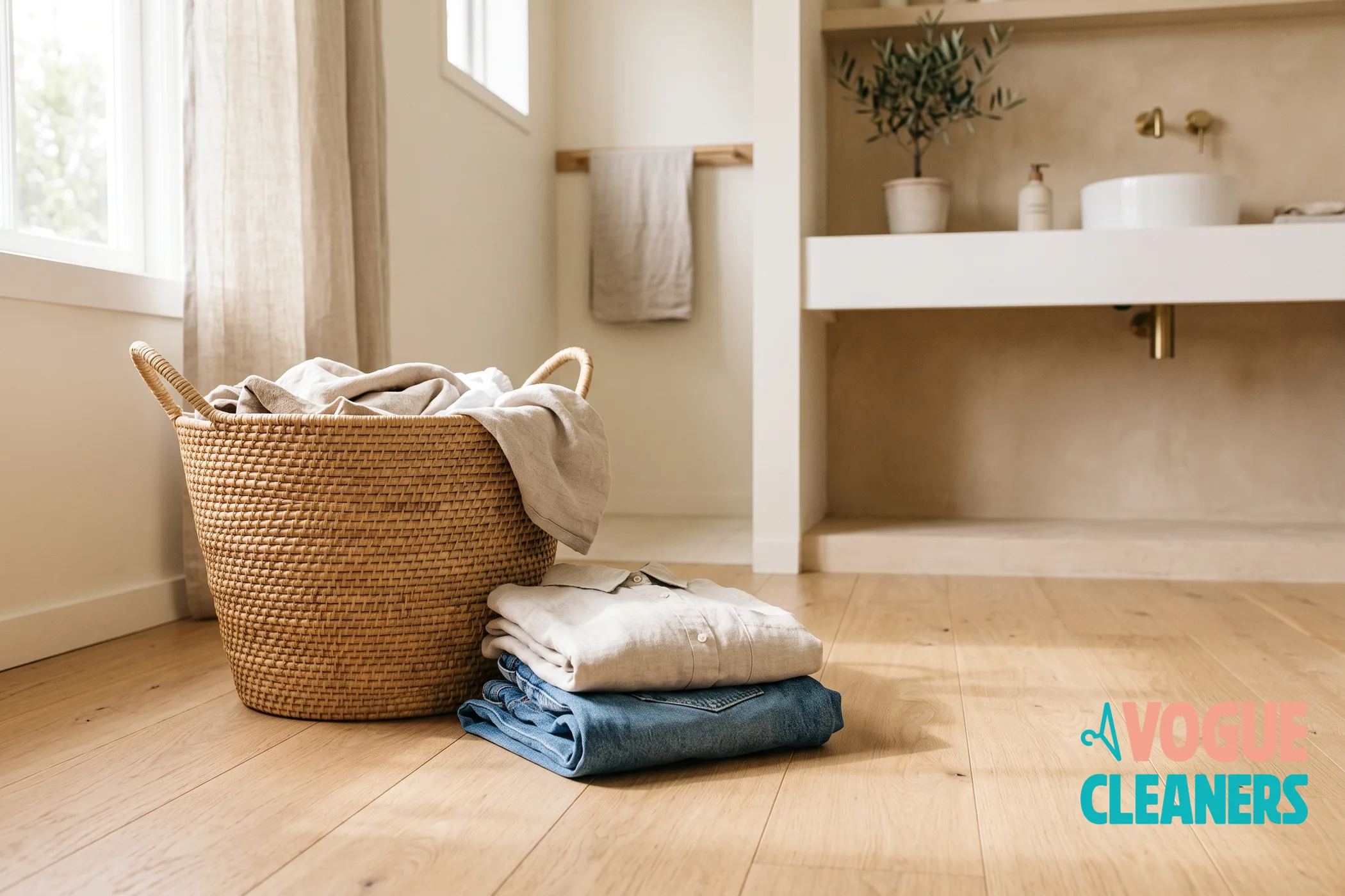 A woven laundry basket beside a folded linen shirt and jeans on a wood floor