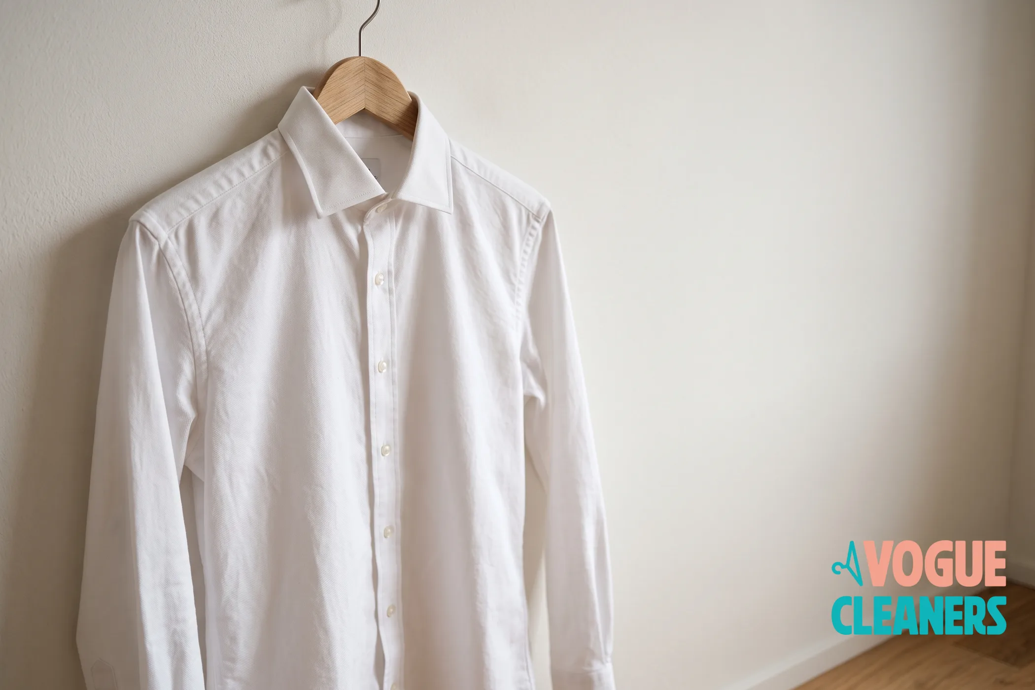 A white dress shirt on a wooden hanger against a plain warm white wall