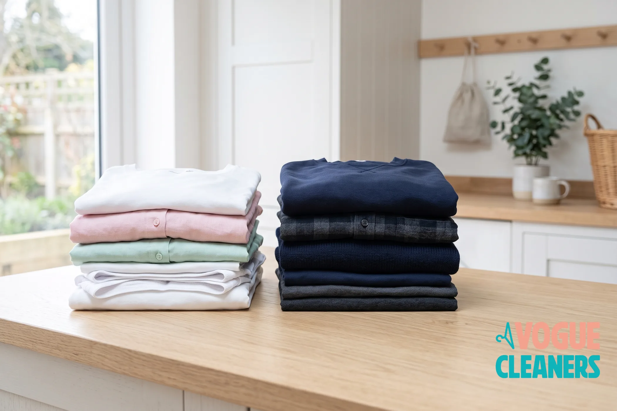 Two folded piles of laundry side by side, one whites and pastels and one navy and charcoal