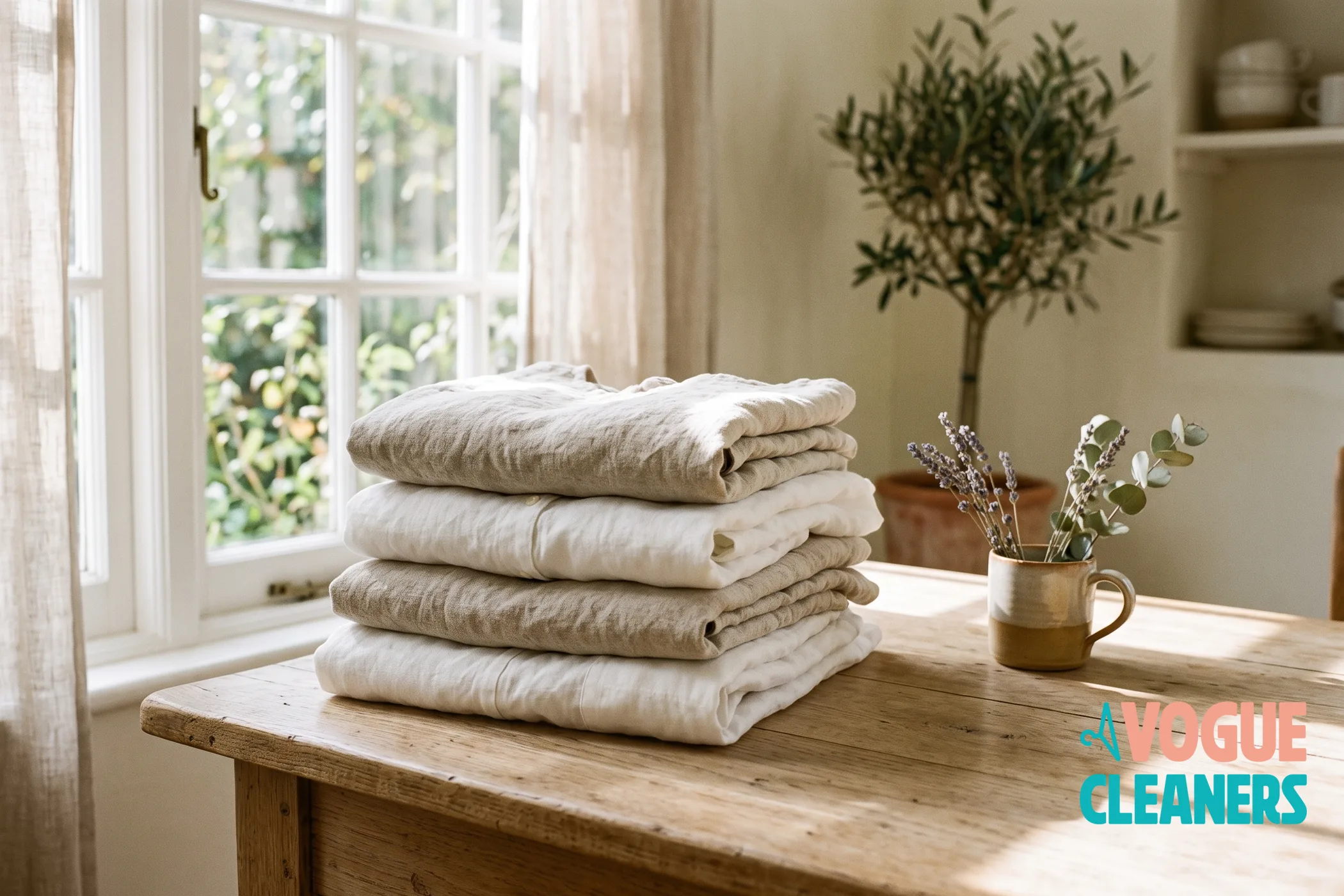 A stack of folded natural and white linen on a wooden table beside a sunny window