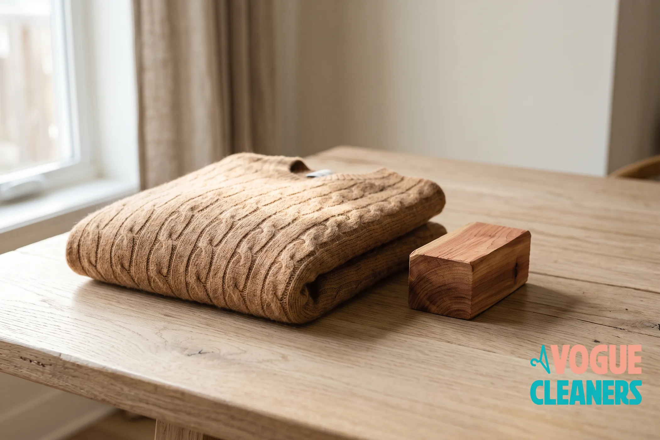 A folded camel cable knit sweater on a wooden table beside a cedar block
