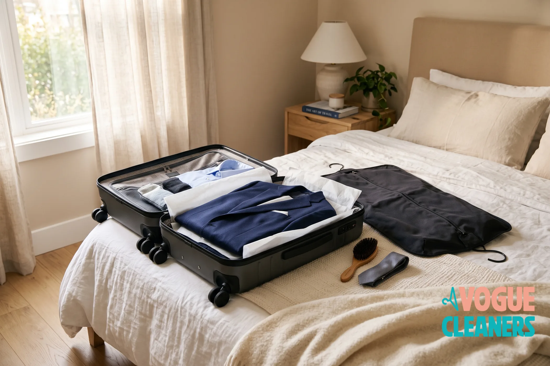 An open suitcase on a bed with a folded navy suit, tissue paper, and a garment bag