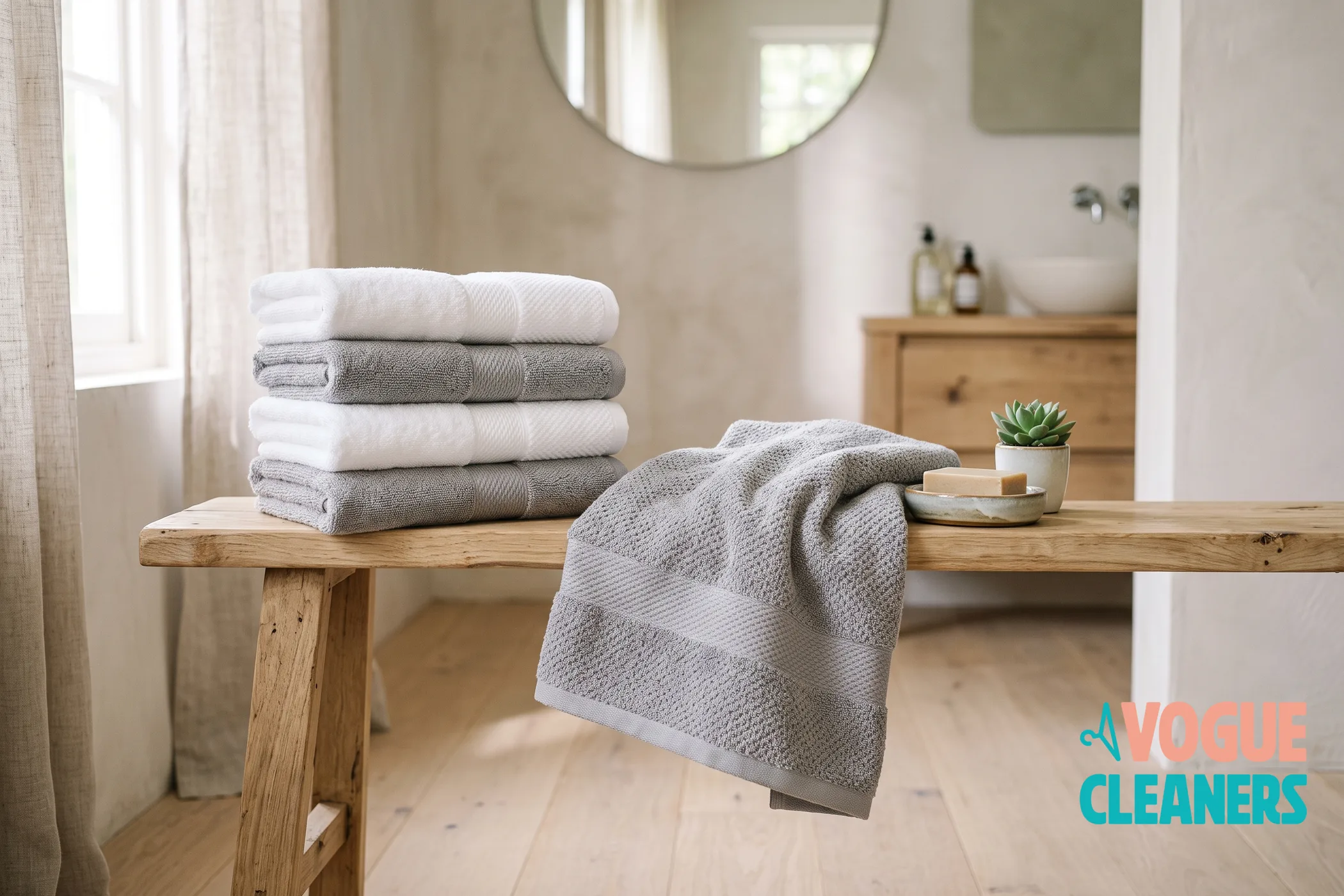 Folded white and grey bath towels stacked on a wooden bench in a bright bathroom