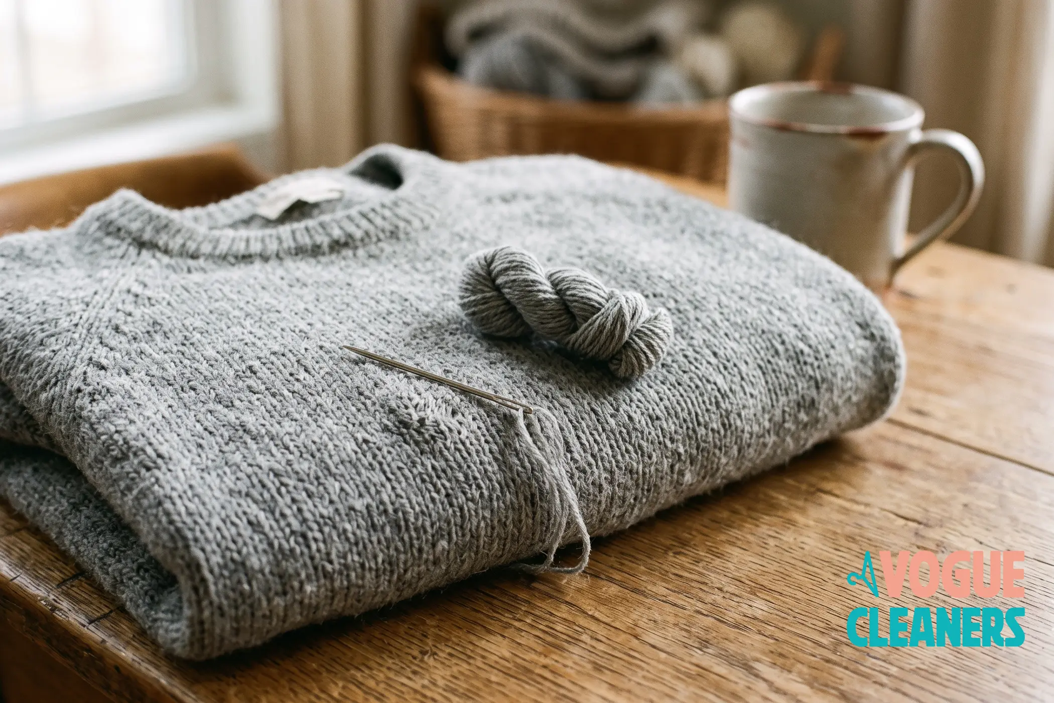 A folded grey wool sweater on a wooden table with a darning needle and a coil of matching yarn