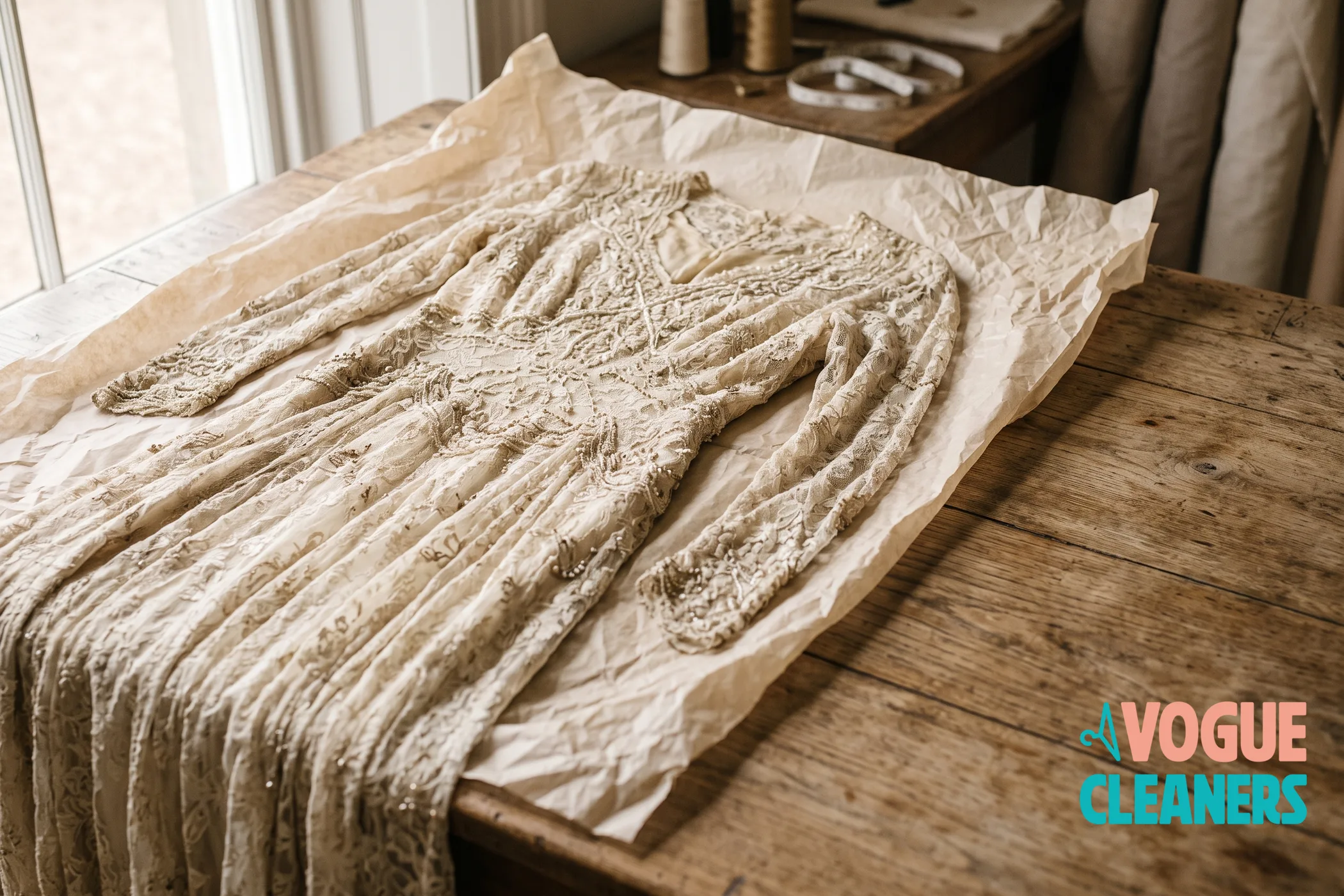 A vintage beaded lace gown laid on tissue paper on a wooden work table