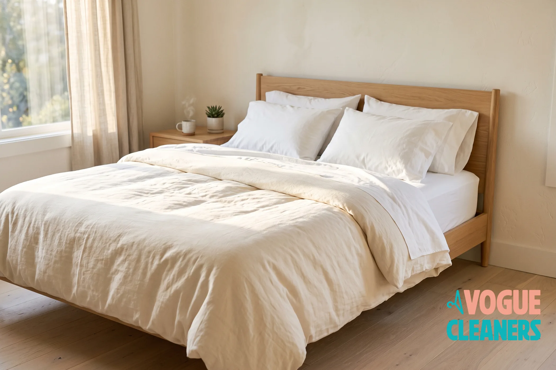 A freshly made bed with crisp white sheets and a cream duvet in morning light