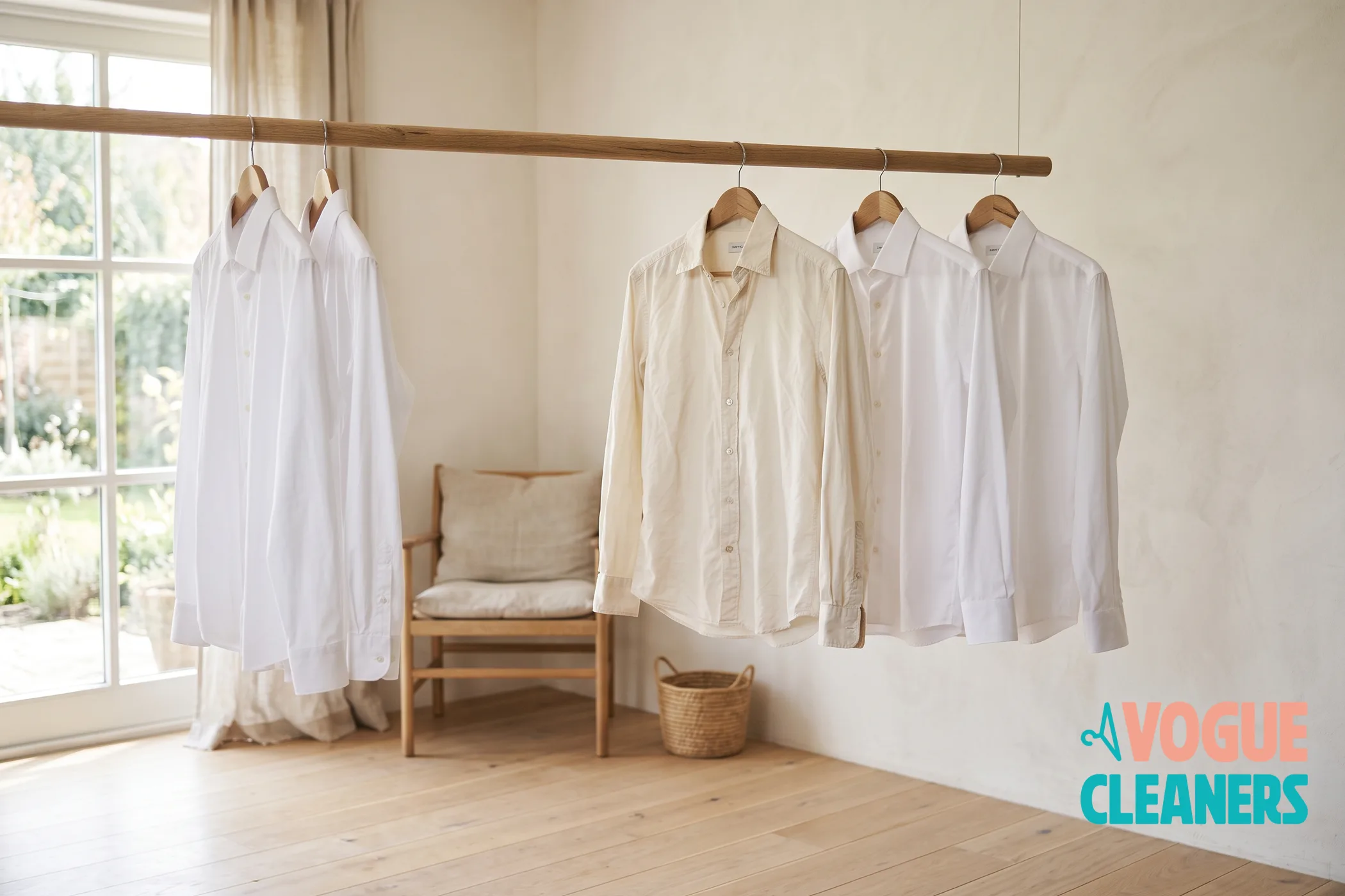 White and cream dress shirts hanging on a wooden rail in bright daylight