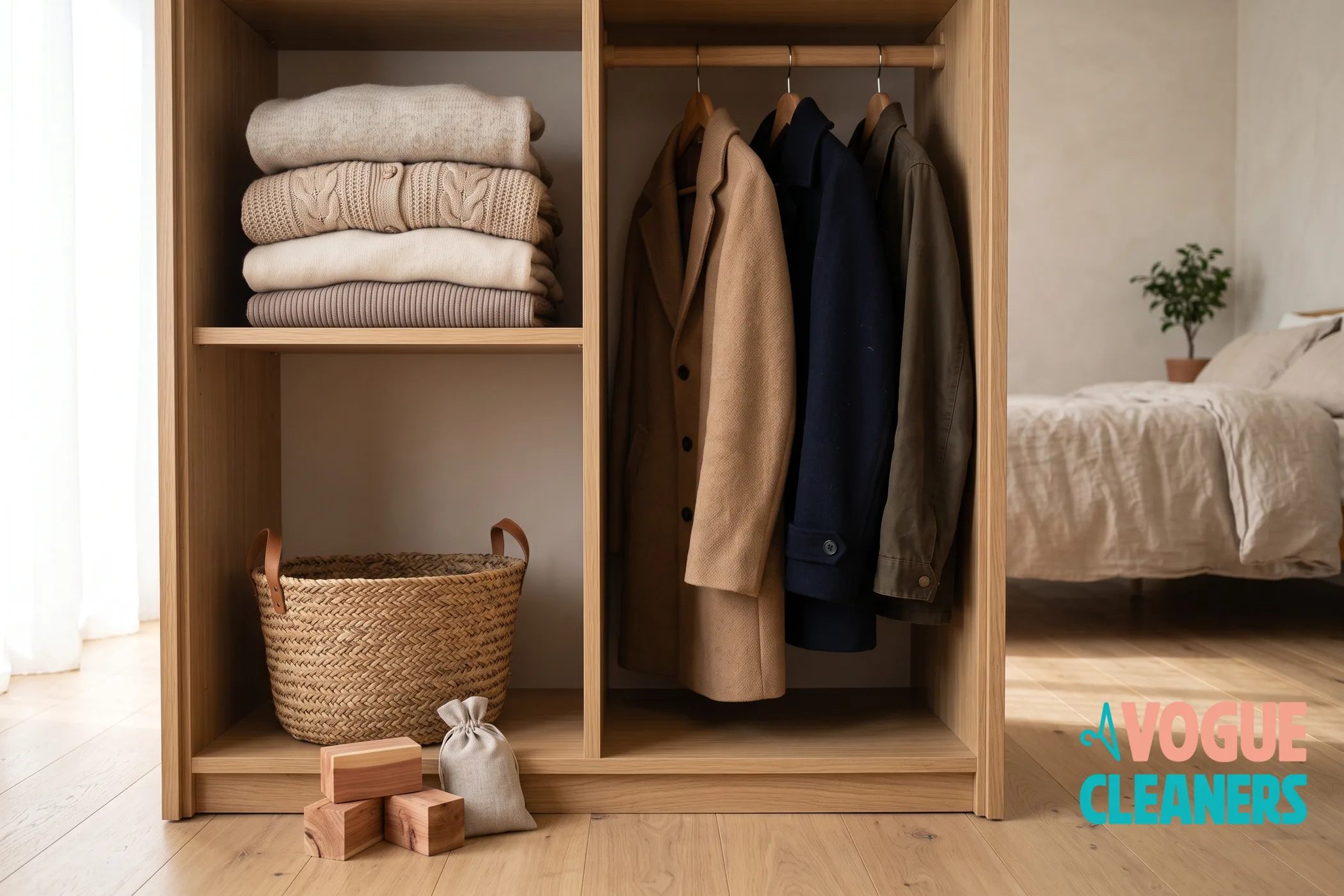 An open wardrobe with folded knitwear, hanging coats, a basket, and cedar blocks