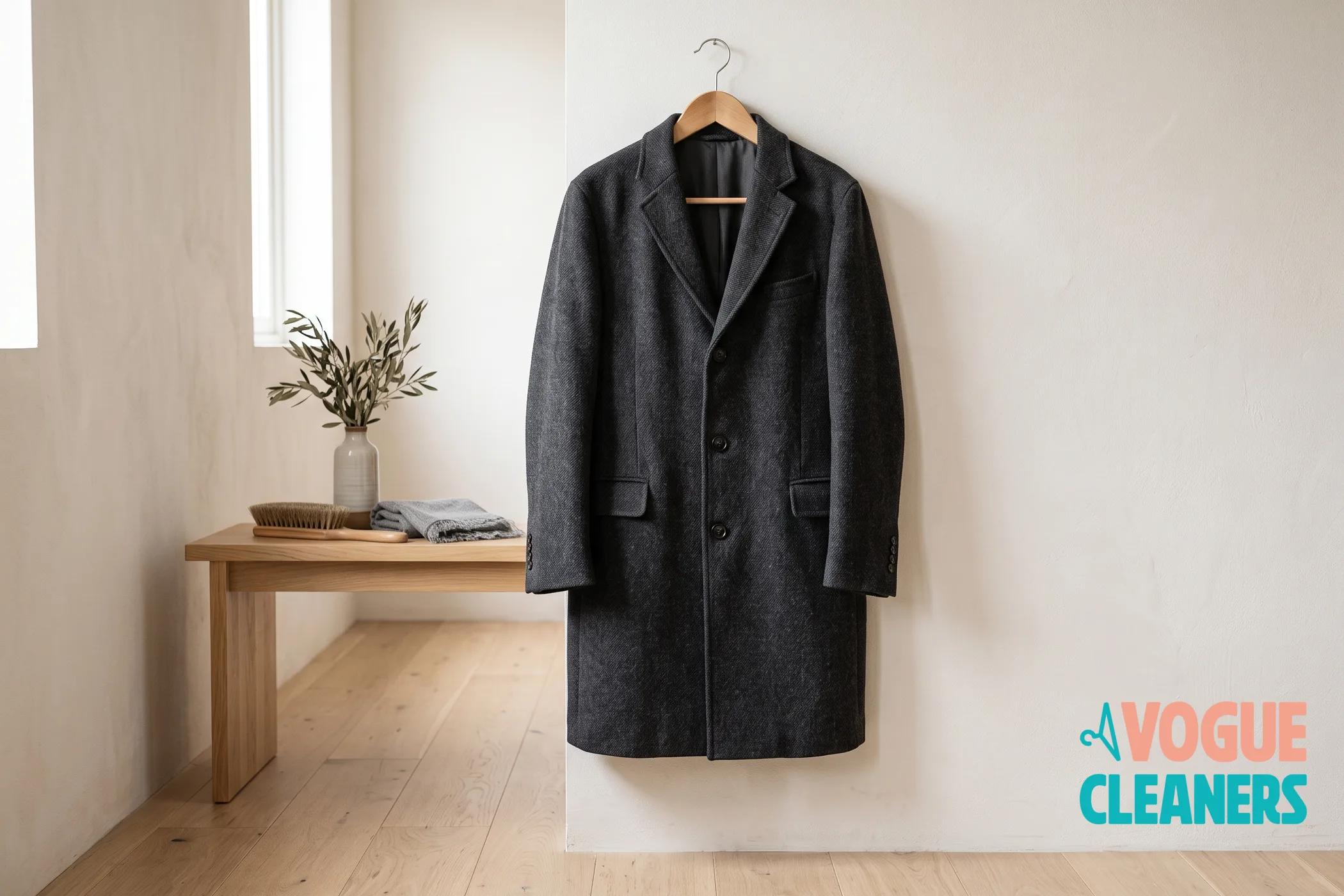 A charcoal wool overcoat on a wooden hanger beside a bench with a garment brush