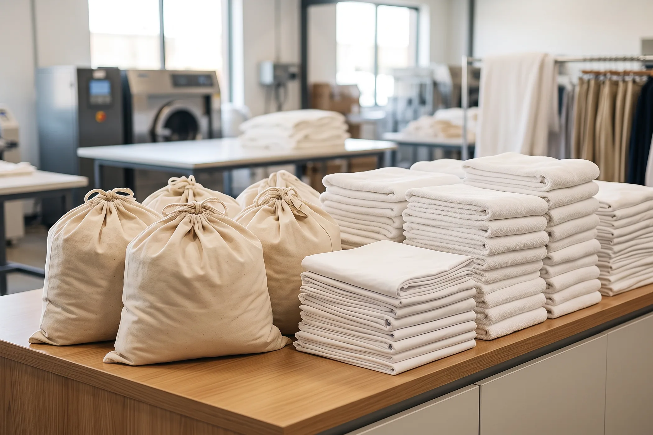 Cream laundry bags and stacks of folded white towels and sheets on a counter at a laundry service