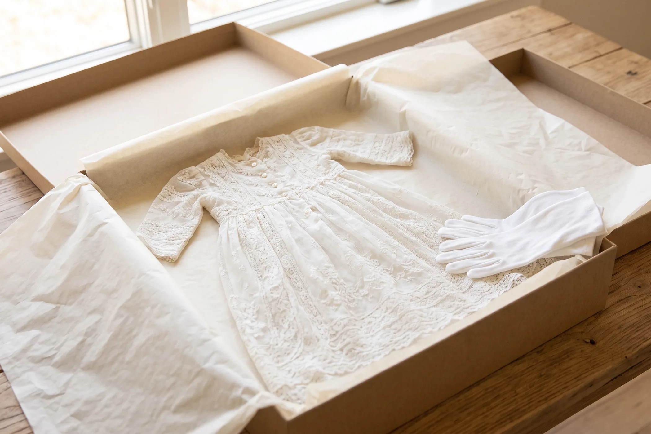 A white lace christening gown laid in an open preservation box with white cotton gloves
