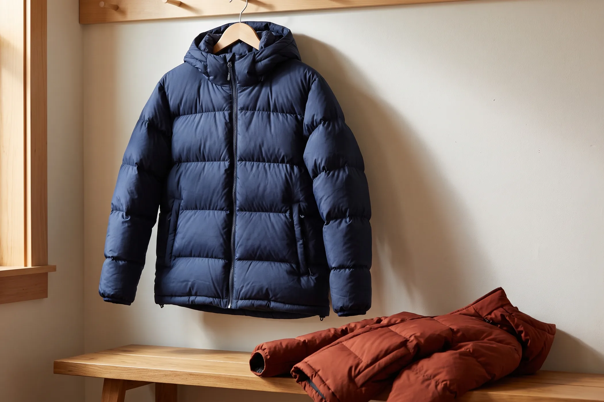 A navy down jacket hanging fully lofted on a wooden hanger above a folded rust-colored jacket on a bench