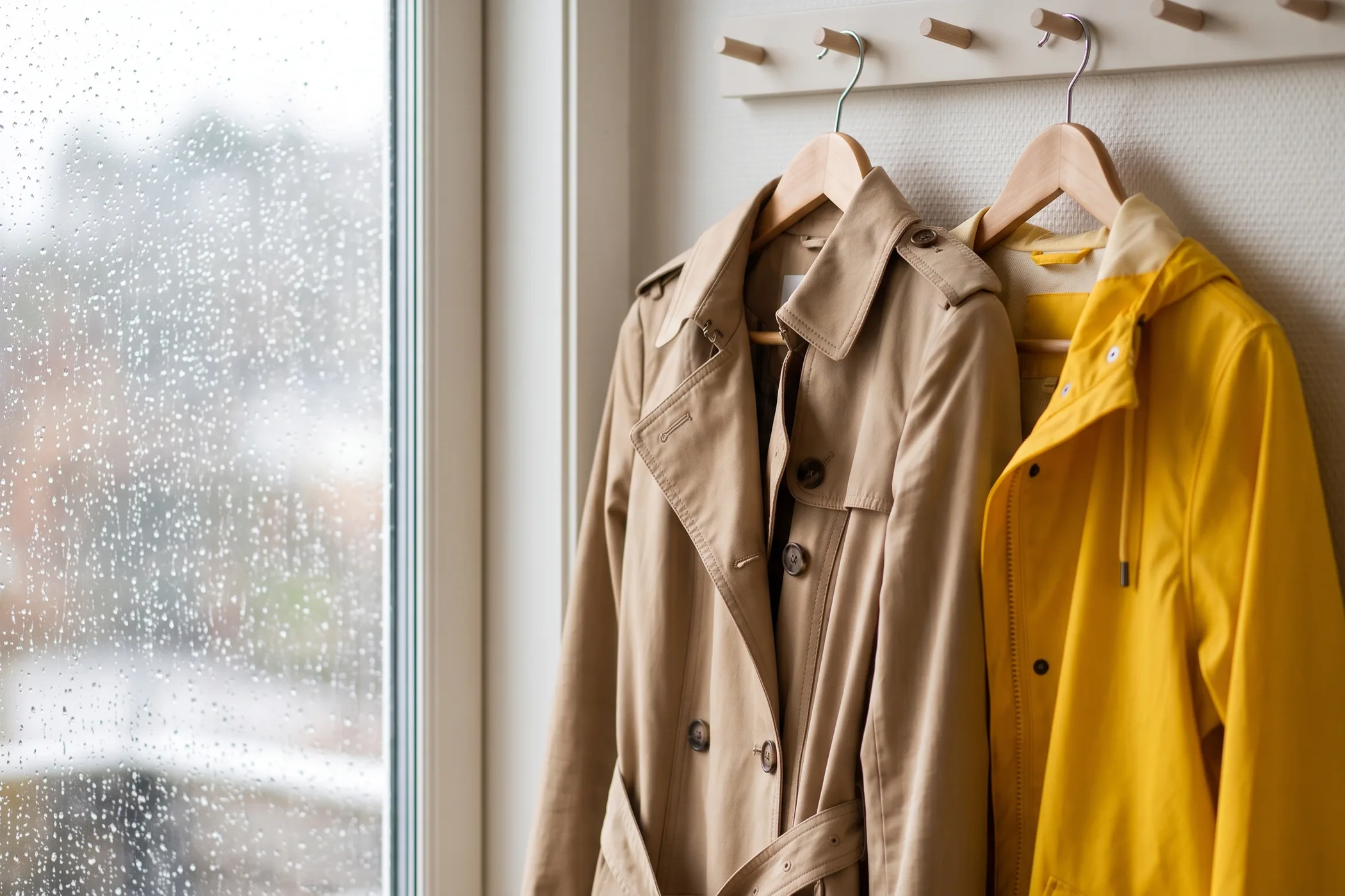 A tan trench coat and a yellow rain jacket on hangers by a rainy window