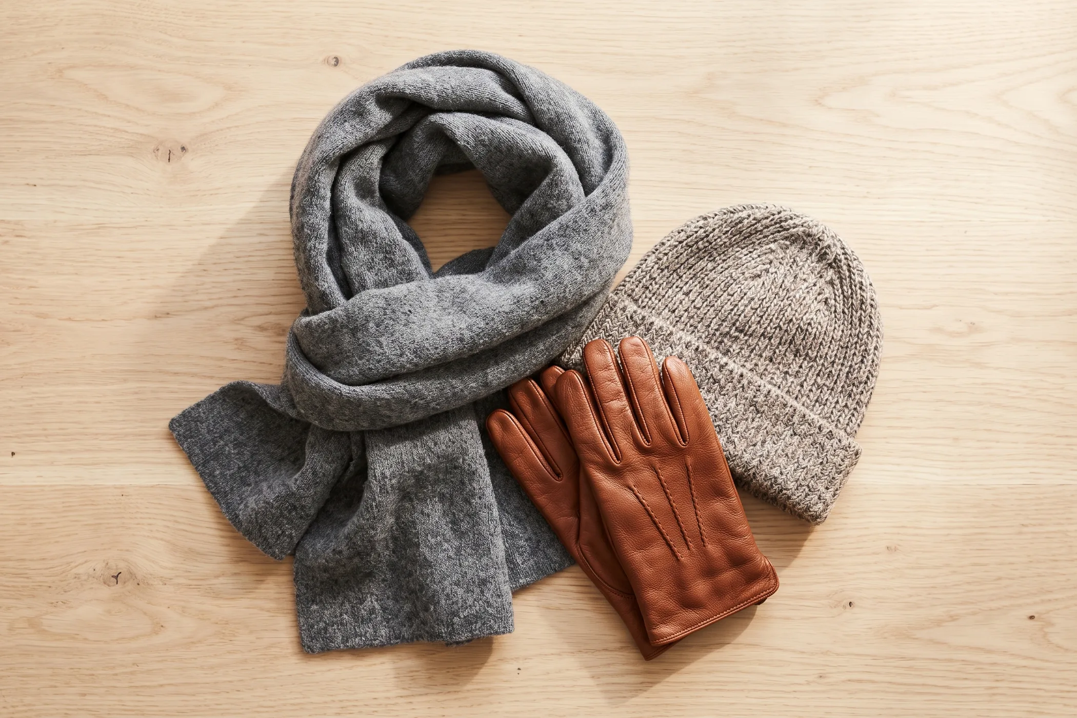 A gray wool scarf, brown leather gloves and a knit beanie on a pale wood surface