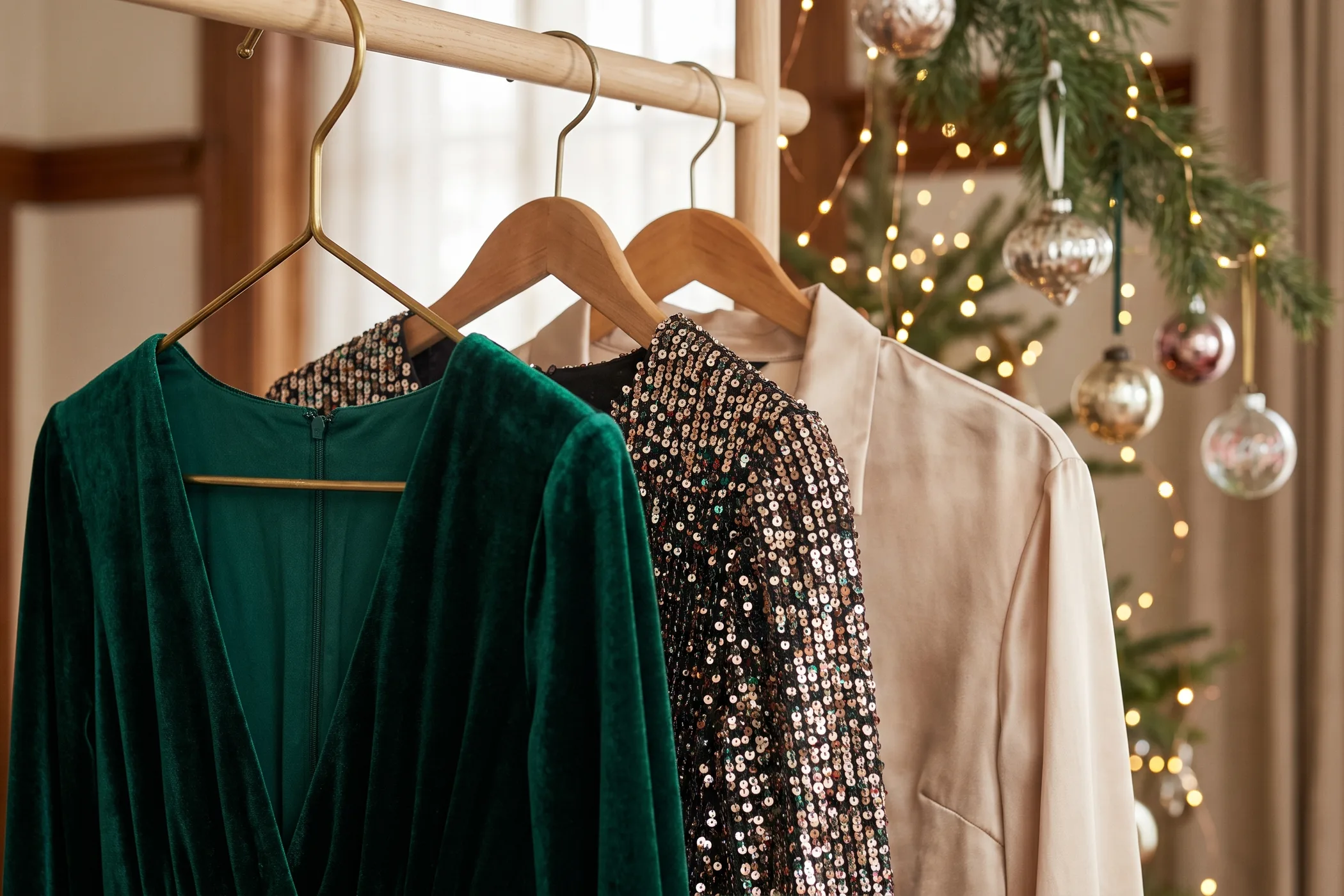 A green velvet dress, a sequined top and a satin blouse on a rack with ornaments and string lights behind