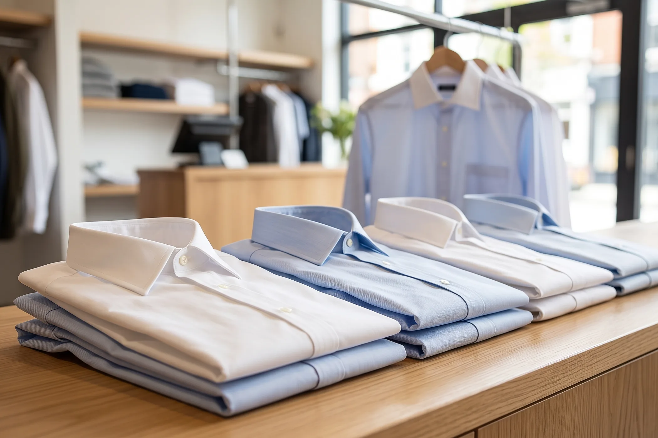 Folded white and blue dress shirts with crisp collars on a counter
