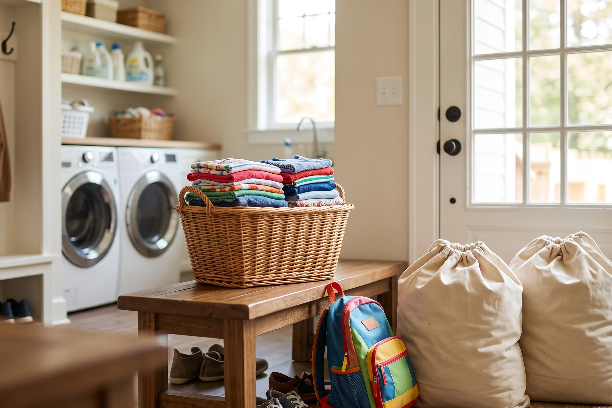 A family laundry room with a basket of folded kids' clothes, a backpack and two laundry bags by the door